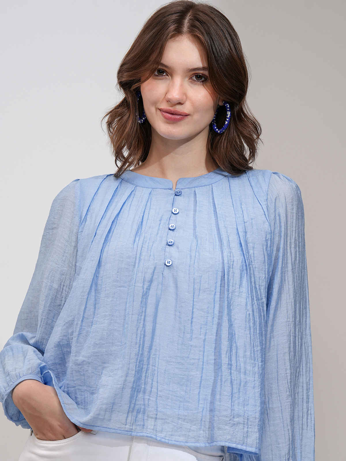 Tokyo Talkies Women's Solid Bishop Sleeve Pleated Top | Blue - S