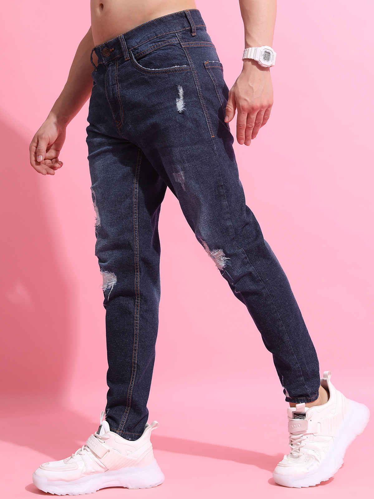 Highlander Men's Mid-Rise Super Skinny Fit Mildly Distressed Stretchable Cropped Jeans | Blue - 30