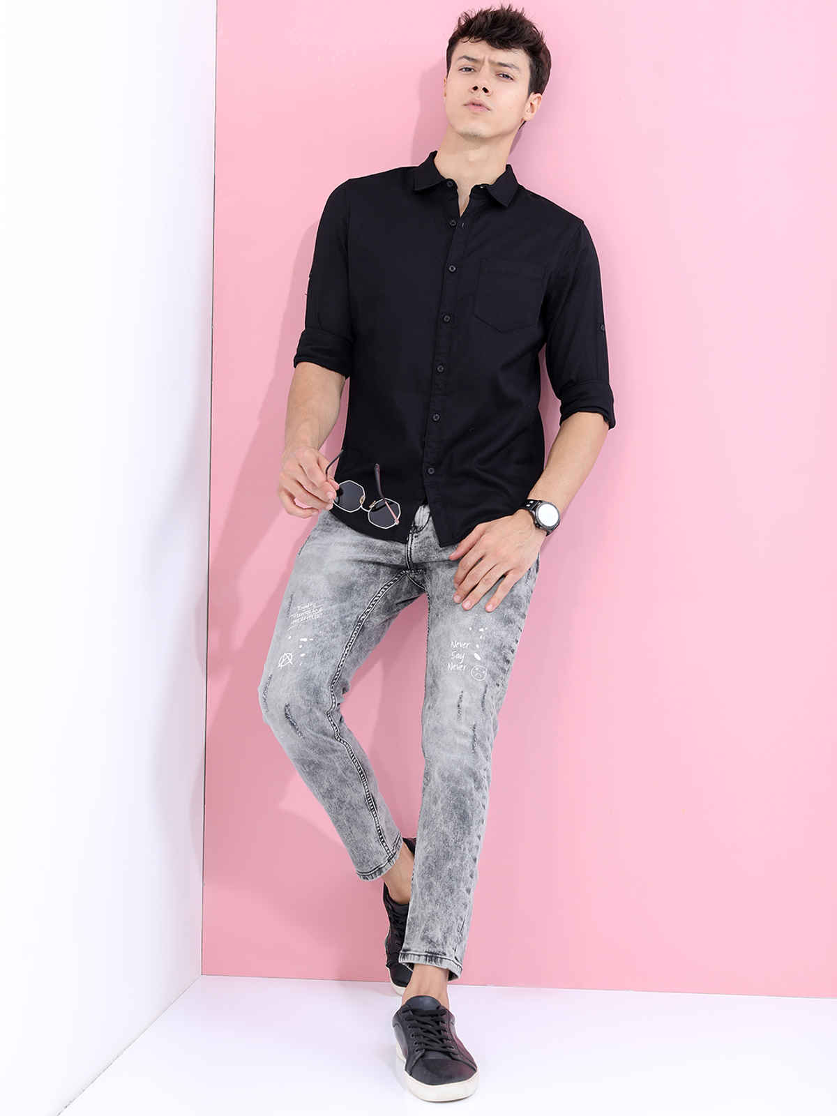 Highlander Men Black Long Roll-Up Sleeves Slim Fit Casual Shirt |Black - S