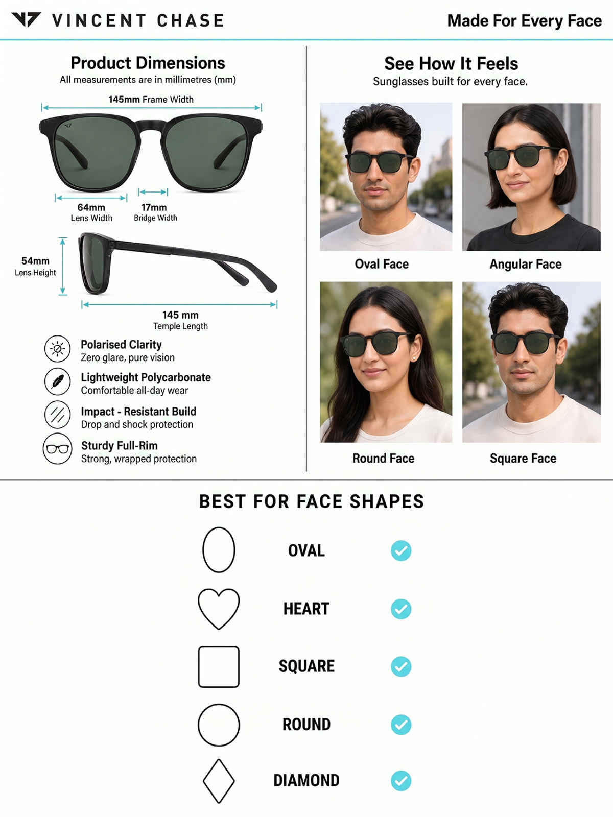Vincent Chase By Lenskart Unisex Polycarbonate Wayfarer Sunglasses | Black - L