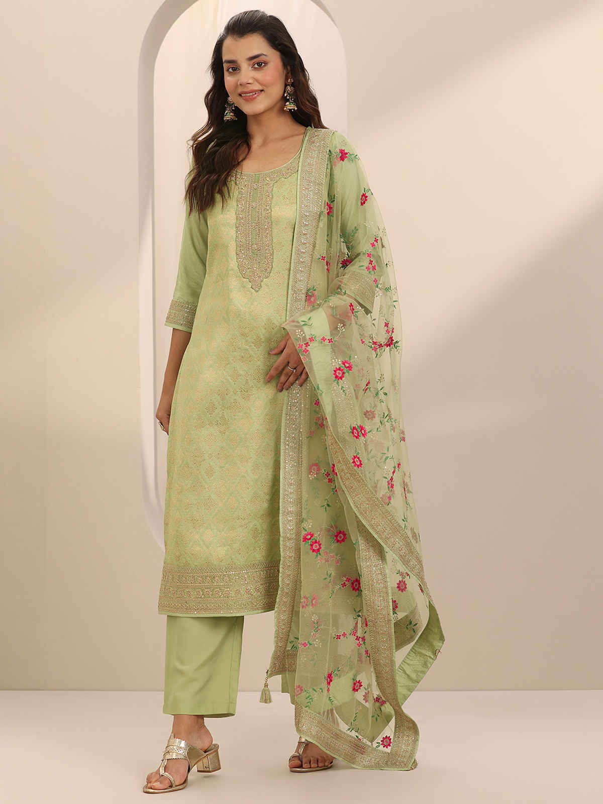Libas Woven Design Silk Blend Straight Suit Set With Dupatta | 99477H | Green - XL