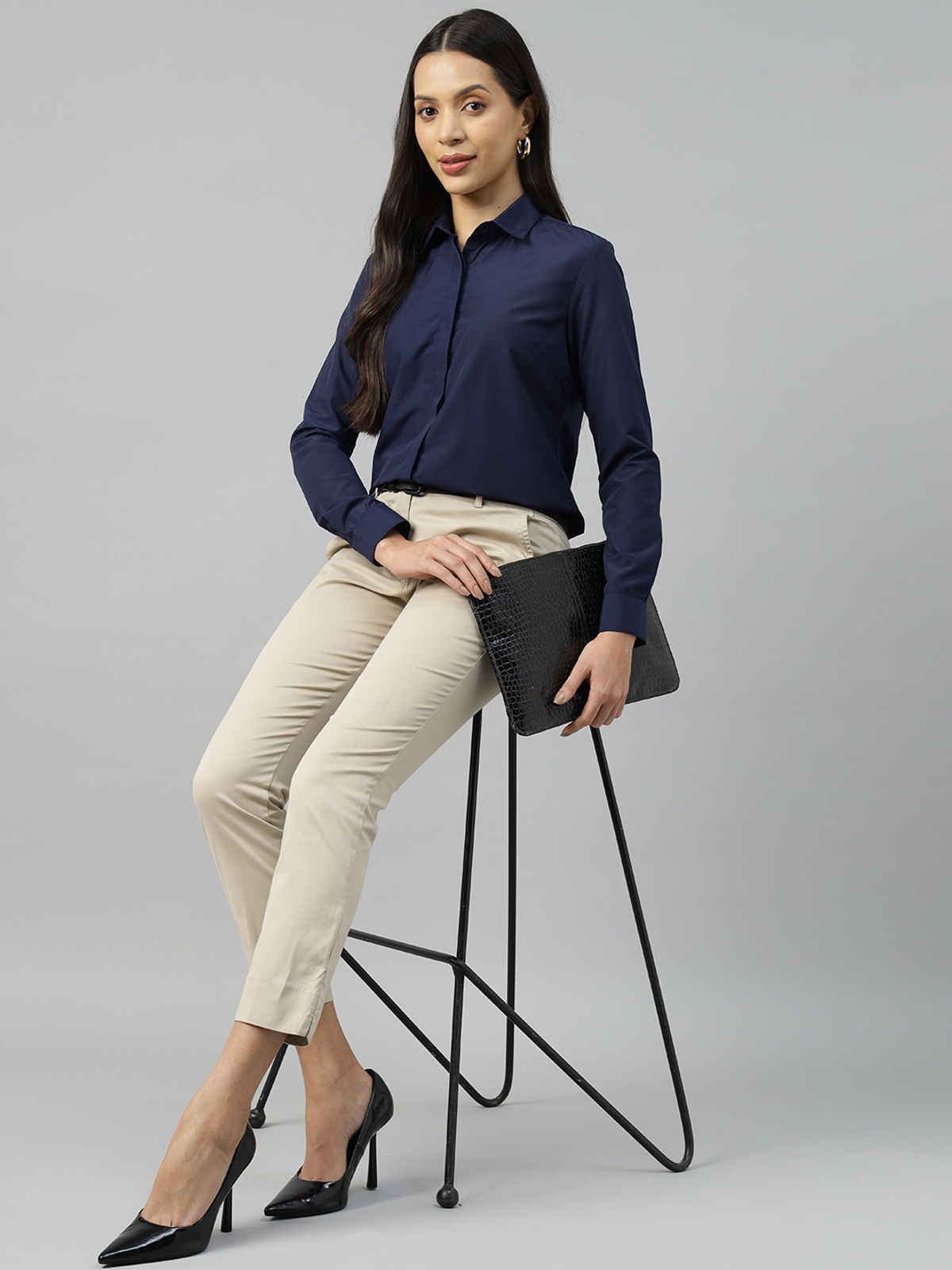 English Navy Women's Solid Regular Fit Polyester Formal Shirt | Navy Blue - M