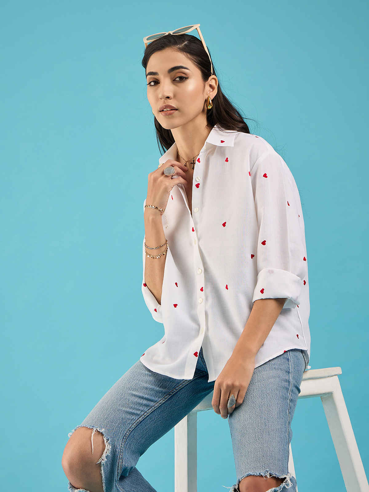 Uptownie Women's Embroidered Cotton Shirt with Hearts | 120018879 | White | S