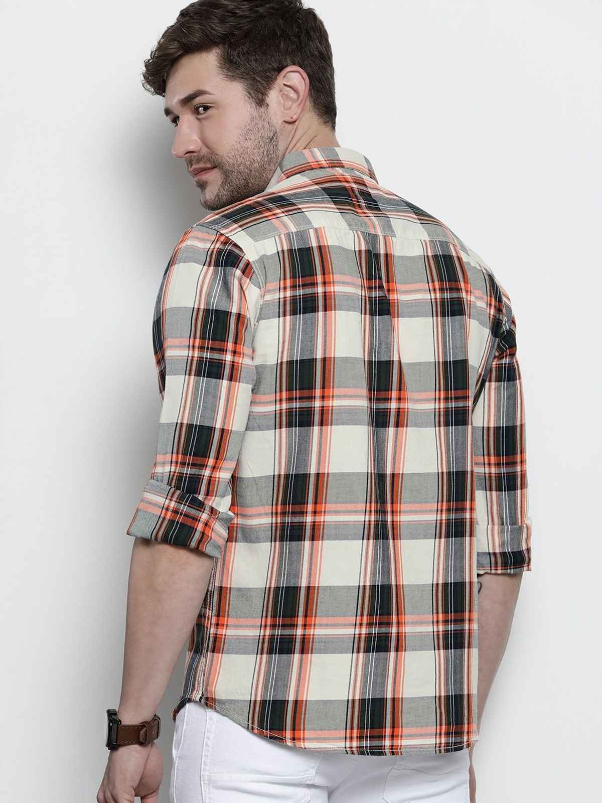 The Indian Garage Co Men's Slim Fit Checked Casual Shirt | Cream - S