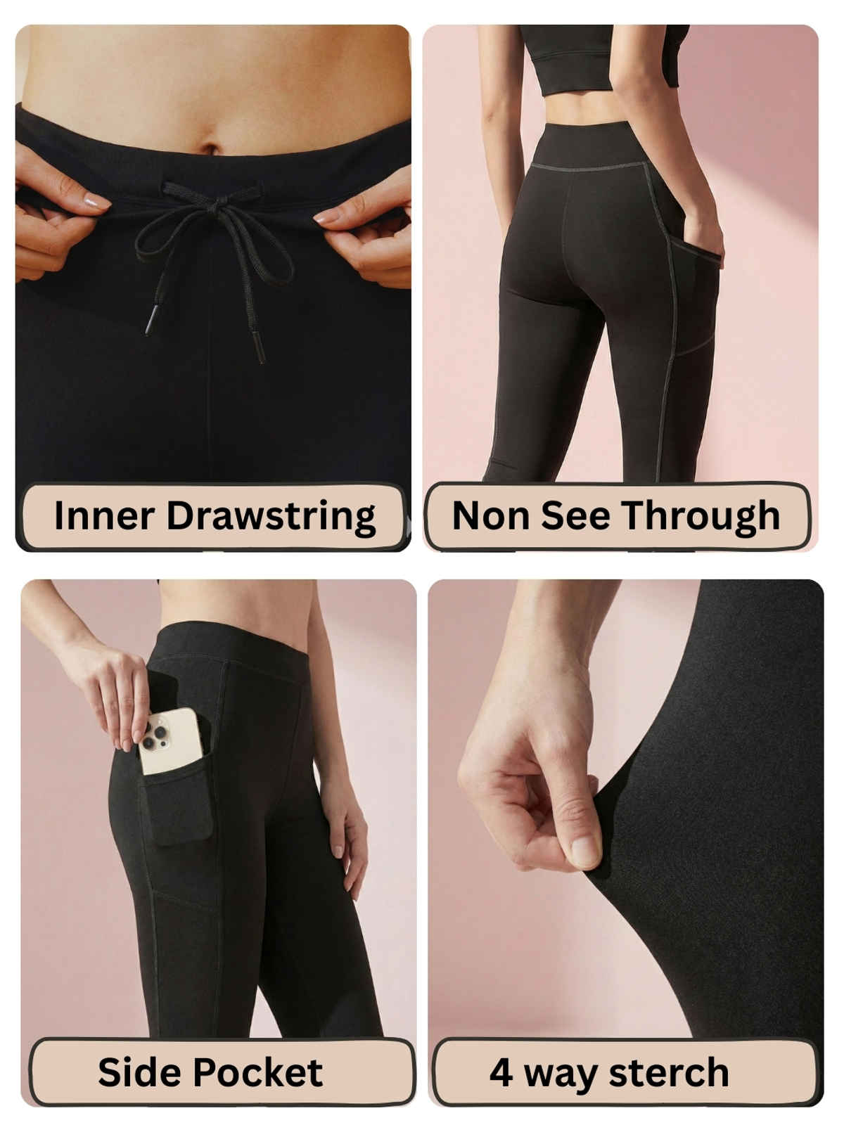 Blinkin Women's 3/4 Gym Tights - Black | Grey | With Side Pockets | M