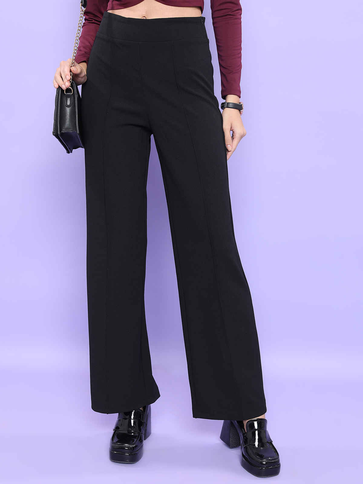 CHIC BY TOKYO TALKIES Women Flared Fit High-Rise Parallel Trousers | Black - 32