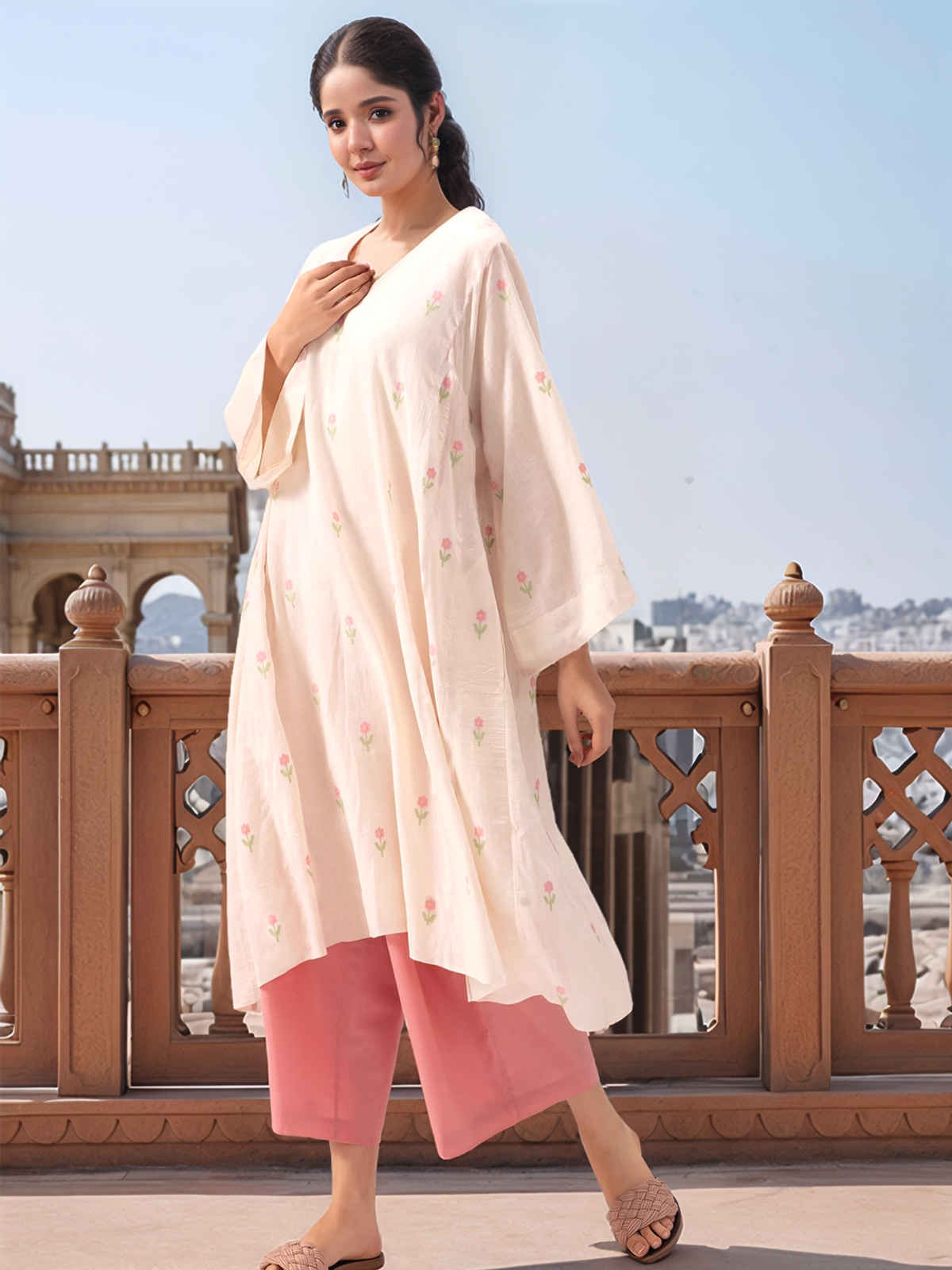 GoSriKi Women's Rayon Blend Printed Anarkali Kurta With Palazzos | Cream - S