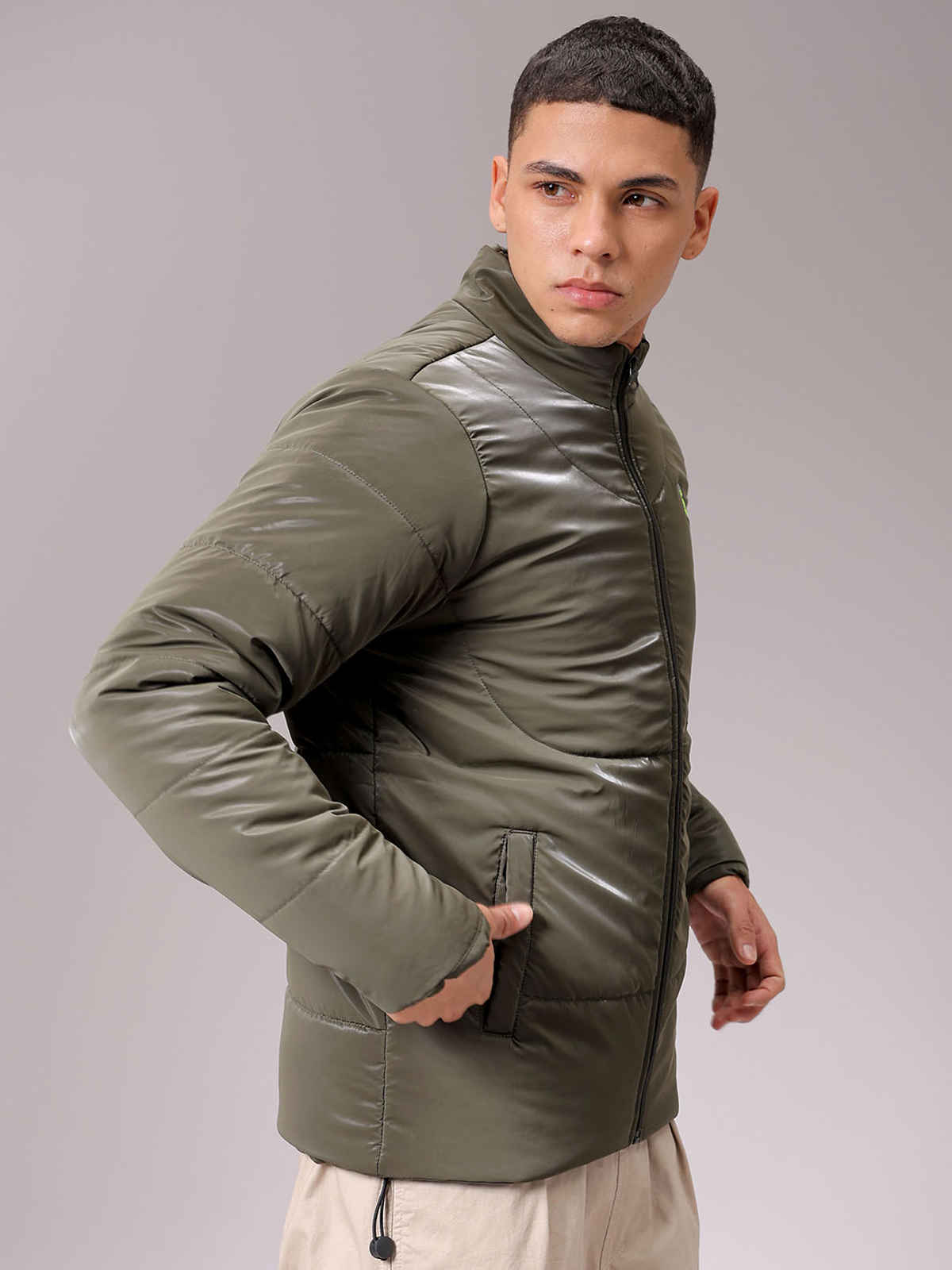 The Indian Garage Co Men's Slim Fit Solid Jacket | Olive - L