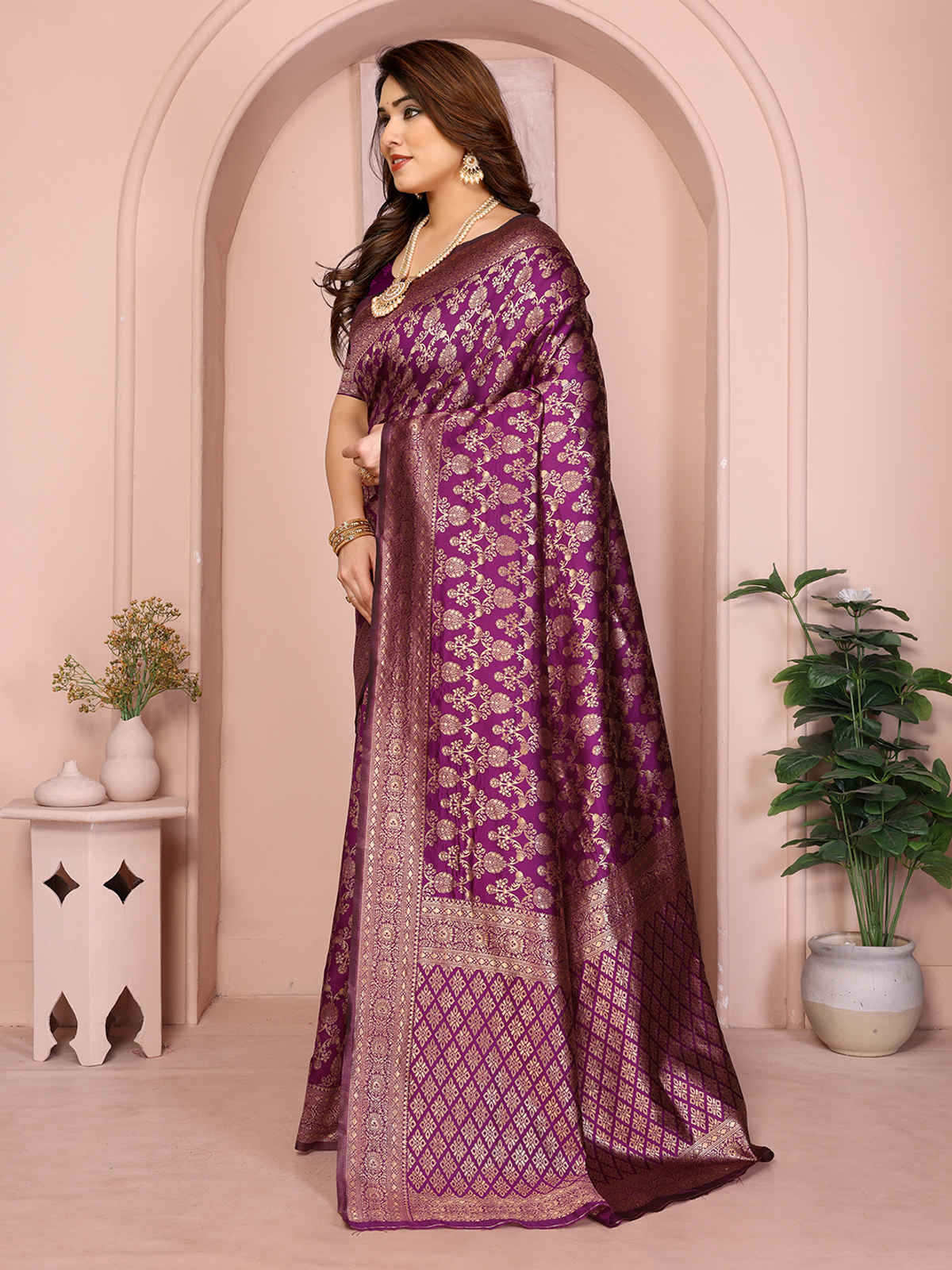 Hema Silk Mills Women Woven Banarasi Silk Blend Saree | Wine