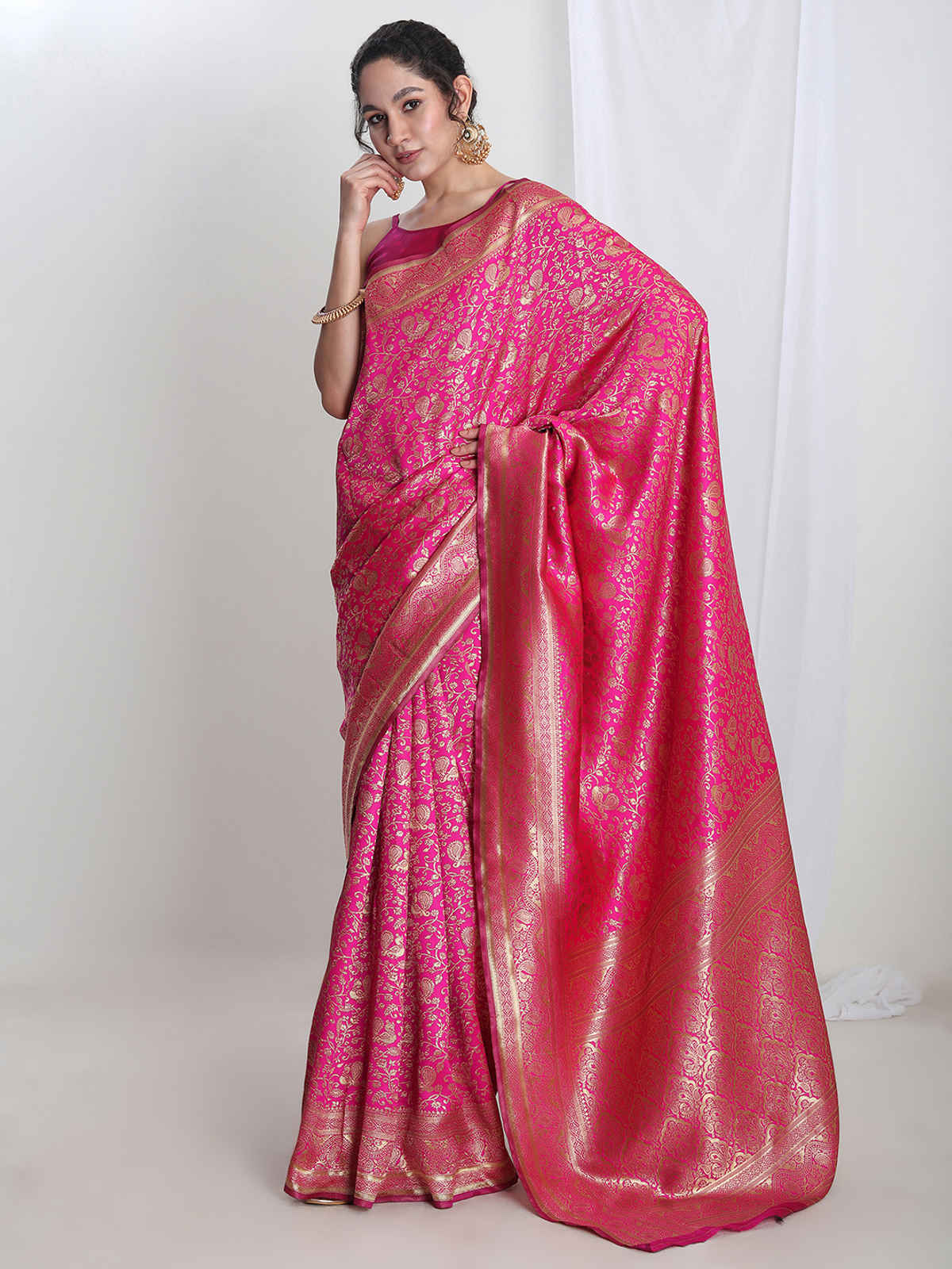 Janasya Women's Silk Blend Floral Woven Design Jacquard Saree with Blouse Piece | SAR654 | Pink