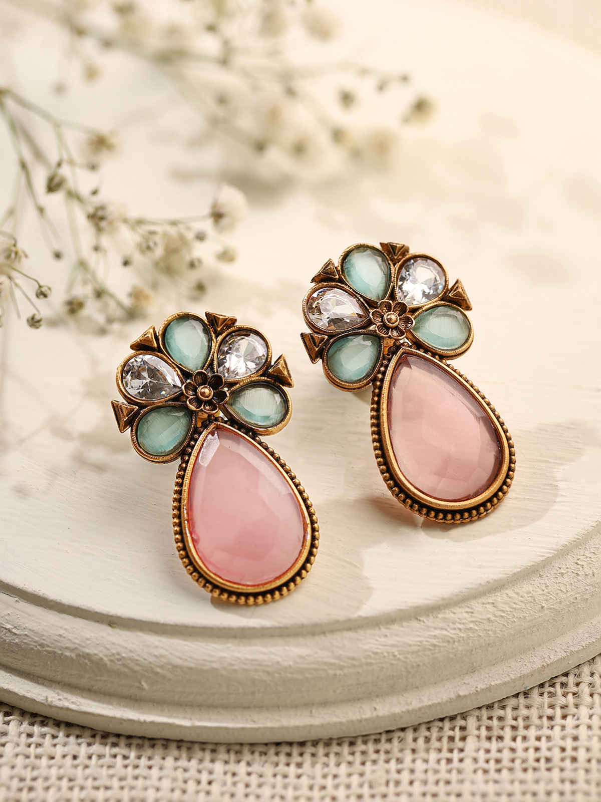 Priyaasi Silver Oxidised Pink stone studded Chanbali Earring for women