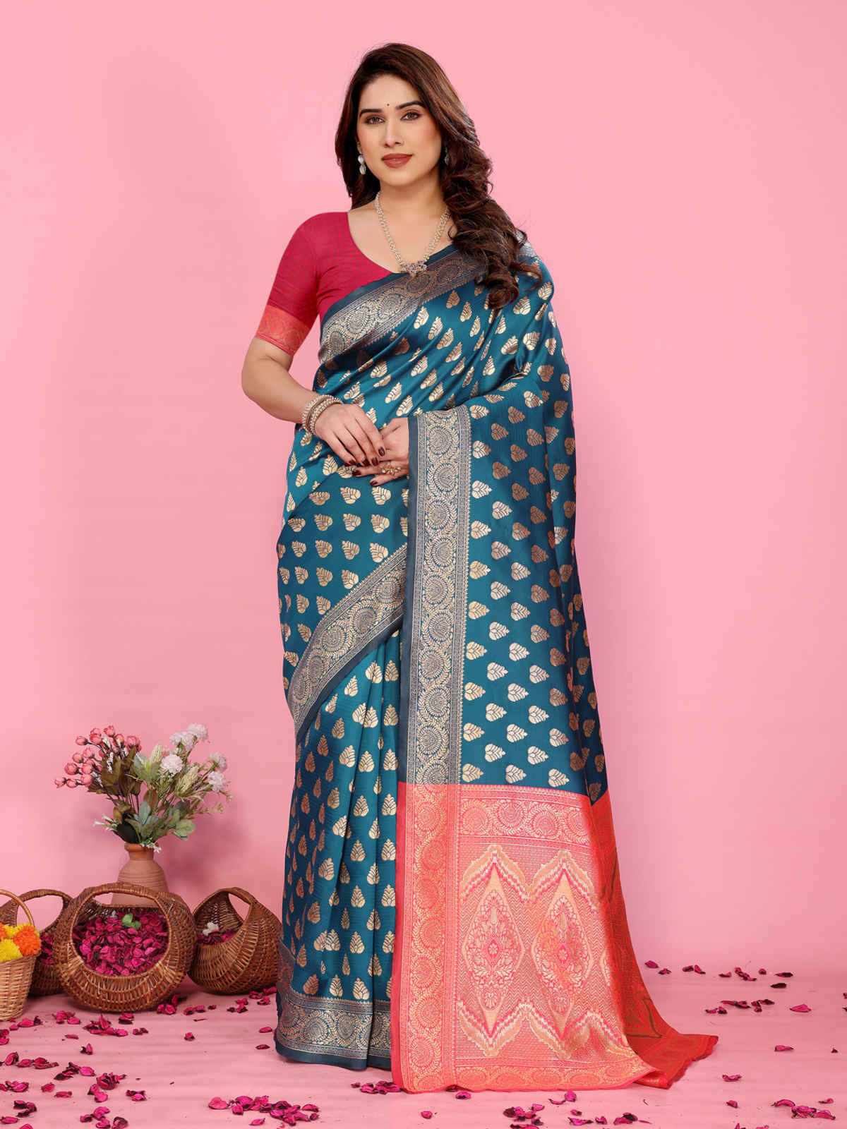 Hema Silk Mills Women Woven Banarasi Silk Blend Saree | Red