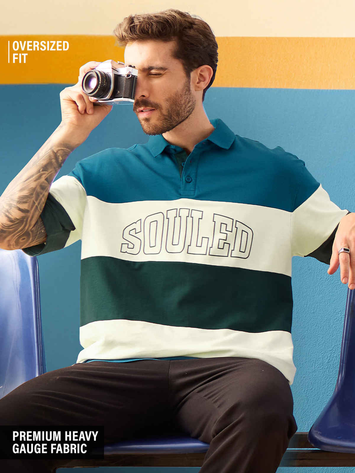 The Souled Store Men's TSS Originals Horizon Stripes Oversized Polo | Multicolor - S