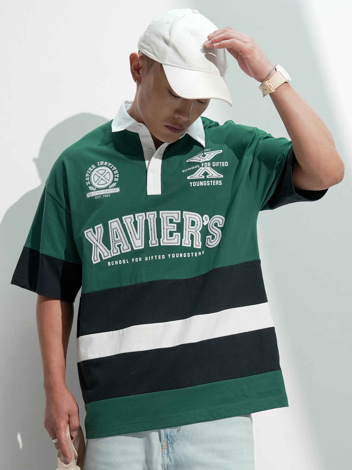 HIGHLANDER Men's X-Men Printed Polo Collar Oversized Fit T-Shirt | Green - L