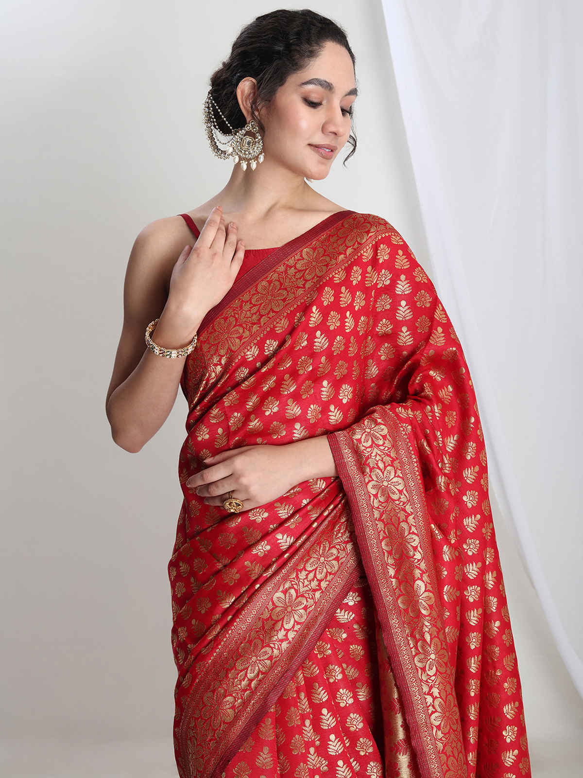 Janasya Women's Silk Blend Floral Woven Design Jacquard Saree with Blouse Piece | SAR692 | Red