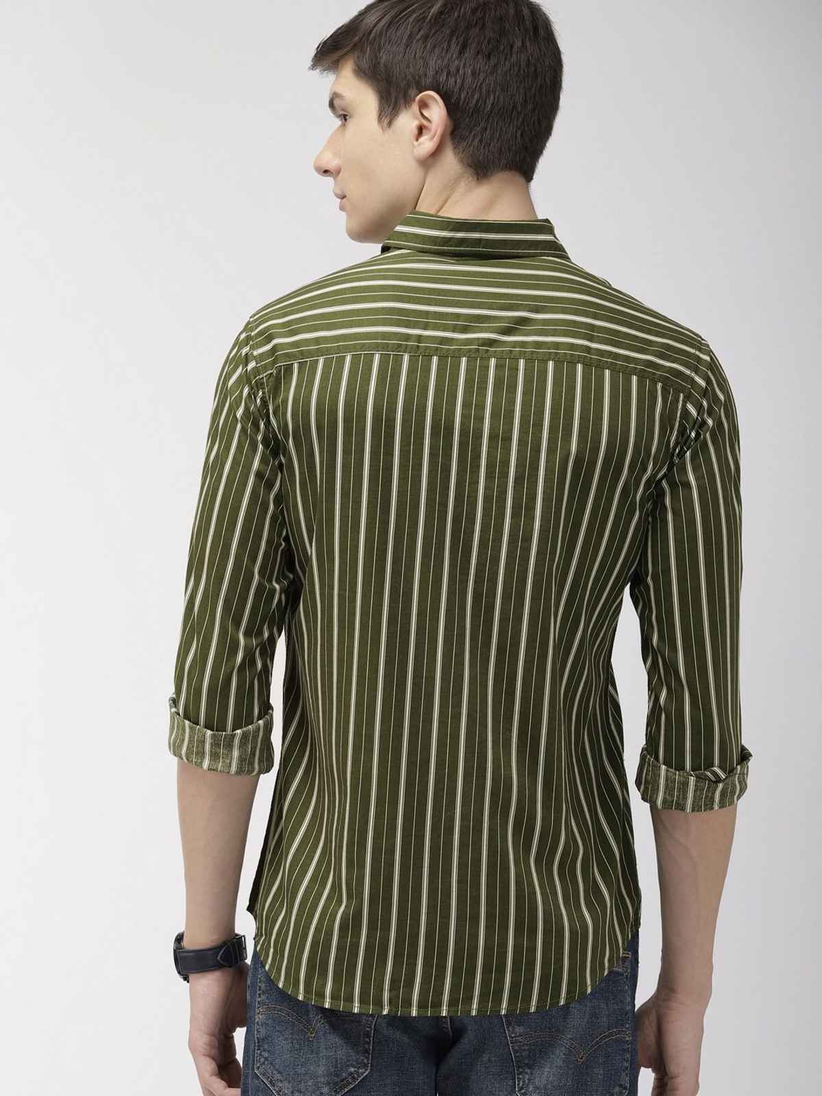 The Indian Garage Co Men's Slim Fit Multi Stripes Casual Shirt | Olive - XL