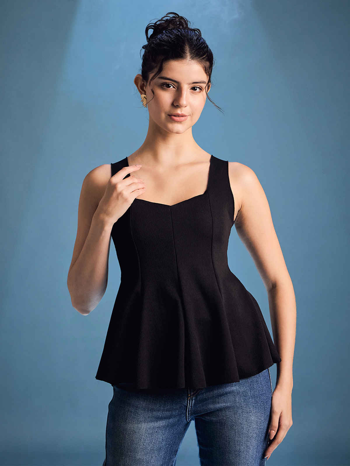 Uptownie Women's Stretchable Ribbed Peplum Top | Black - S