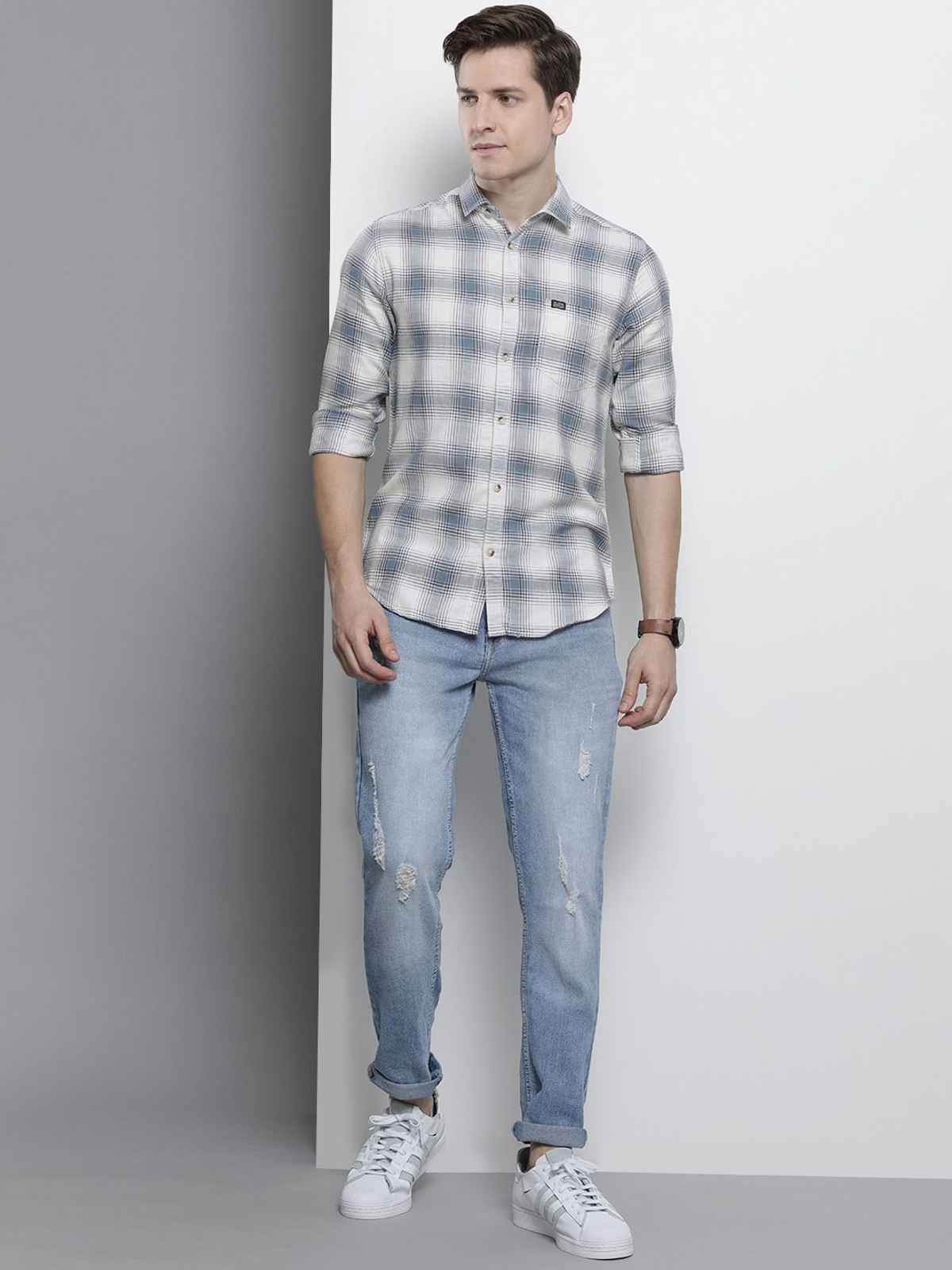The Indian Garage Co Men's Slim Fit Checked Casual Shirt | Cream - S