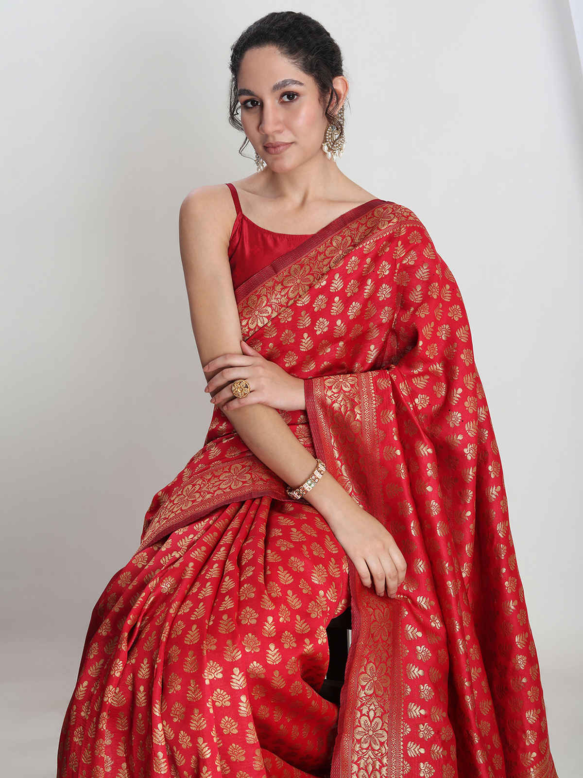 Janasya Women's Silk Blend Floral Woven Design Jacquard Saree with Blouse Piece | SAR692 | Red