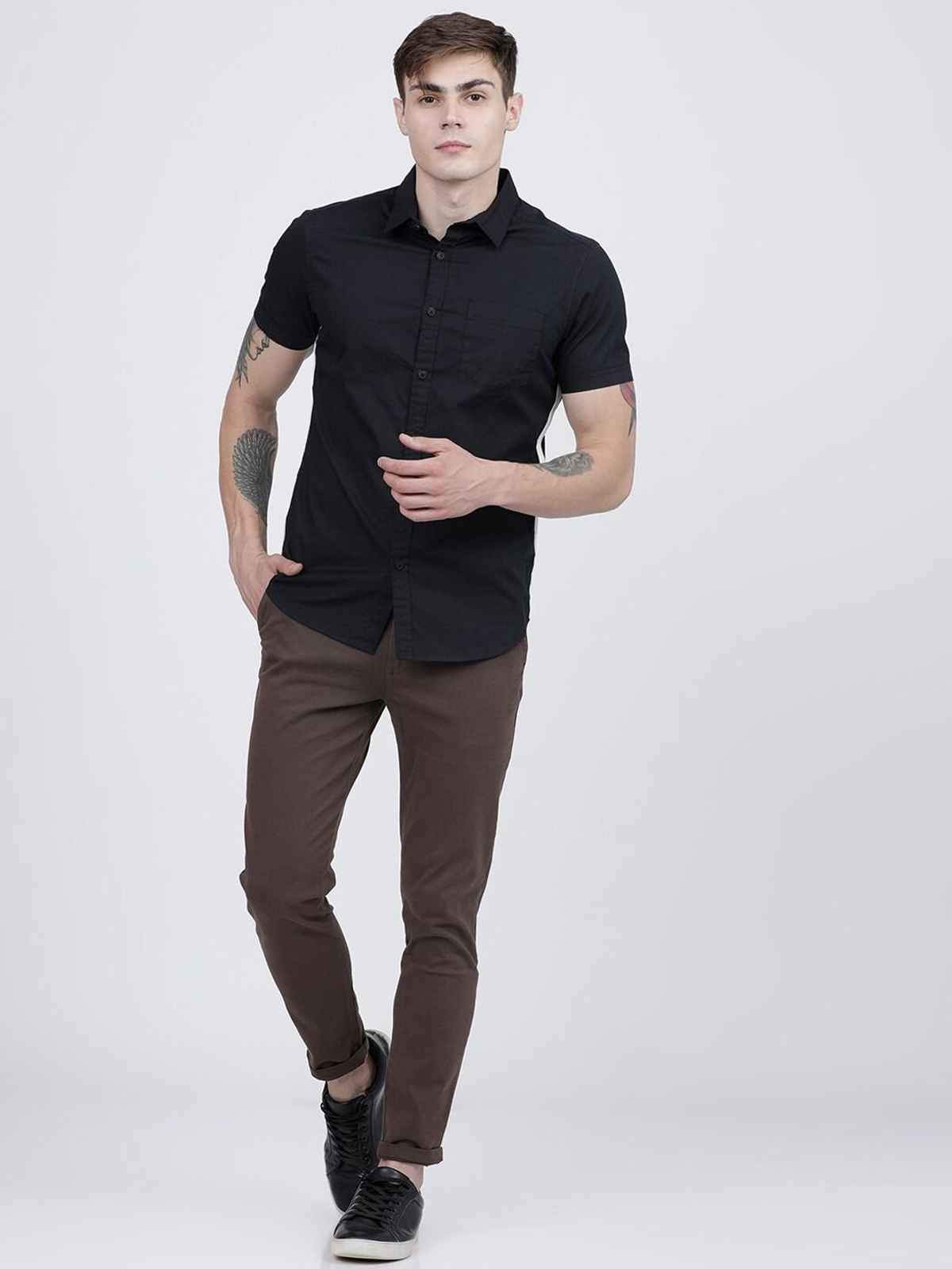 The Indian Garage Co Men's Slim Fit Solid Casual Chinos | Brown - 34
