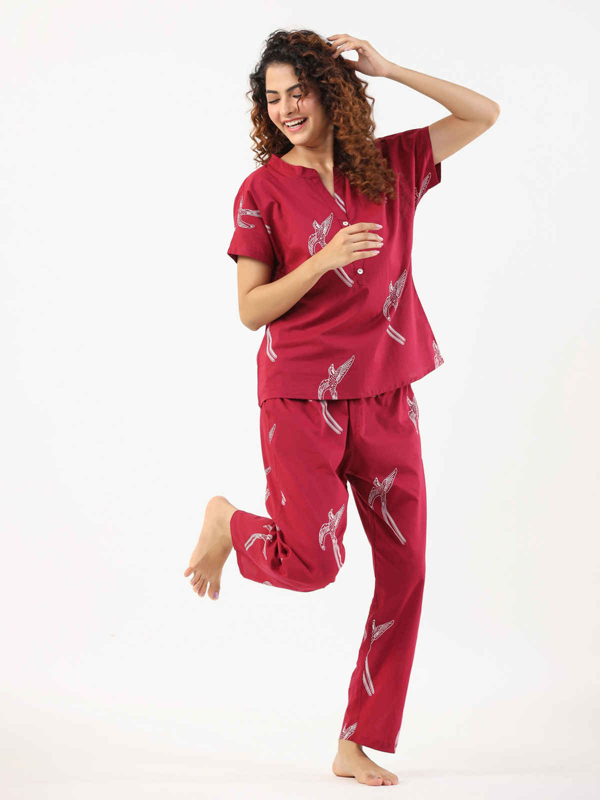 Sanskrutihomes Conversational Printed Mandarin Collar Pure Cotton Night Suit | Magenta - S