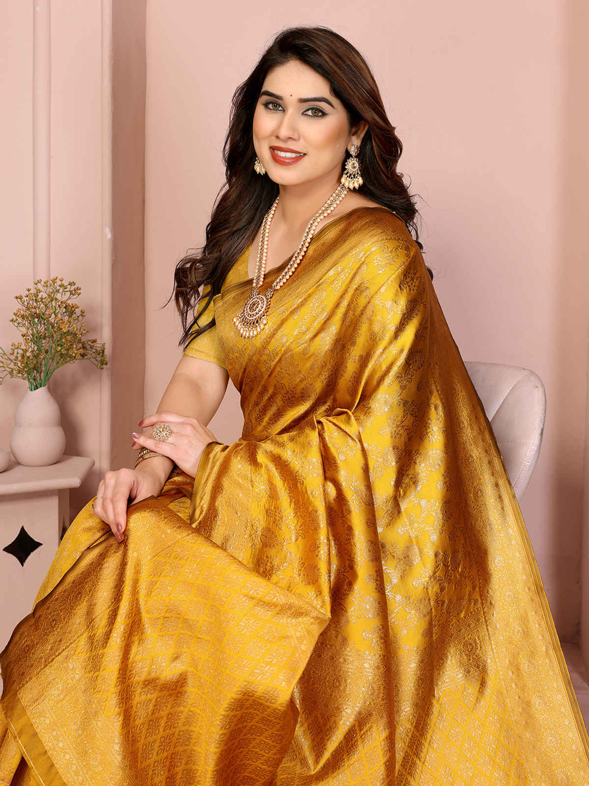Hema Silk Mills Women Woven Banrasi Silk Blend Saree | Gold