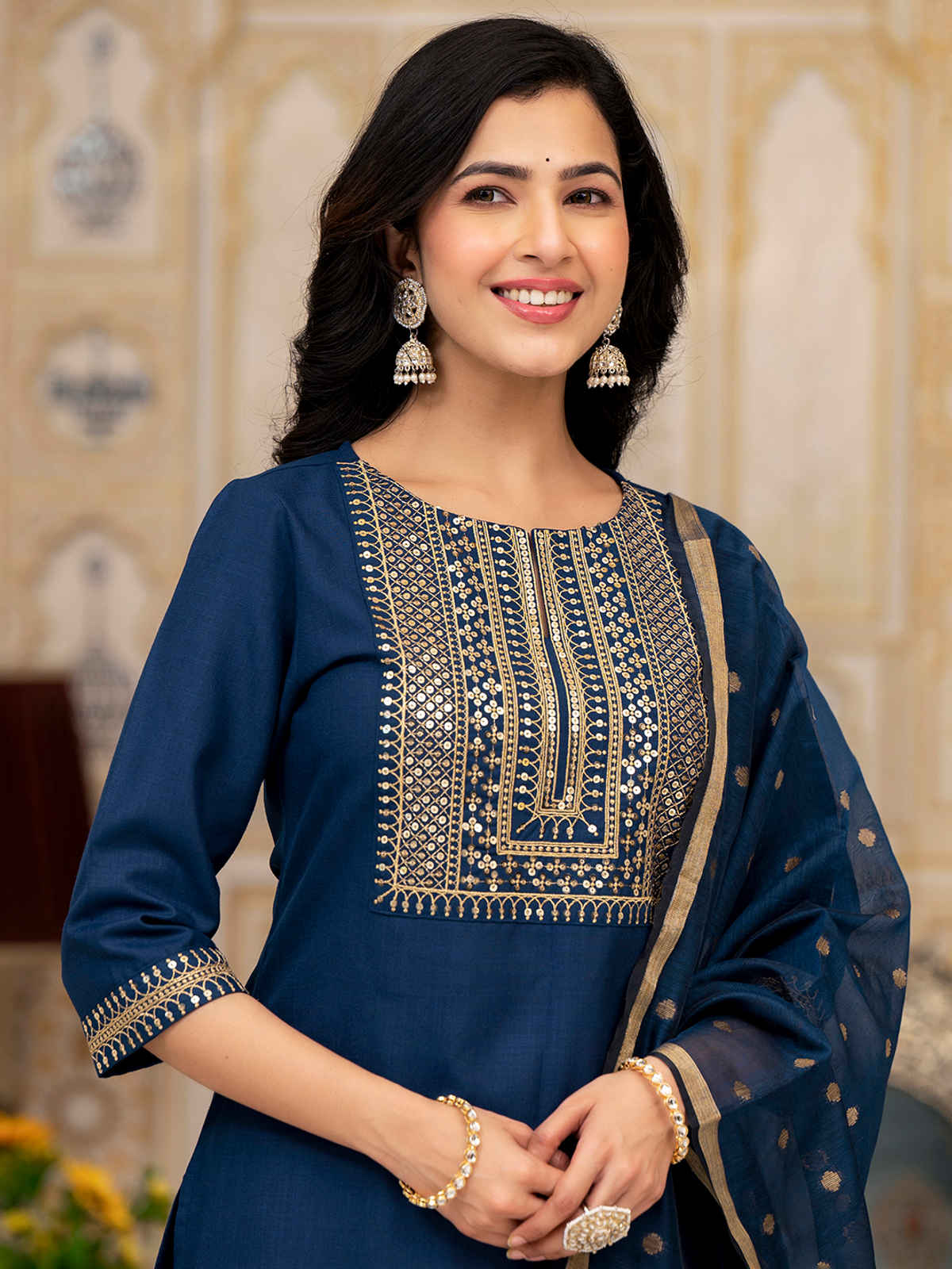 Vishudh Women's Embroidered Panel Straight Kurta With Cropped Palazzo & Ready Dupatta | Teal - XL