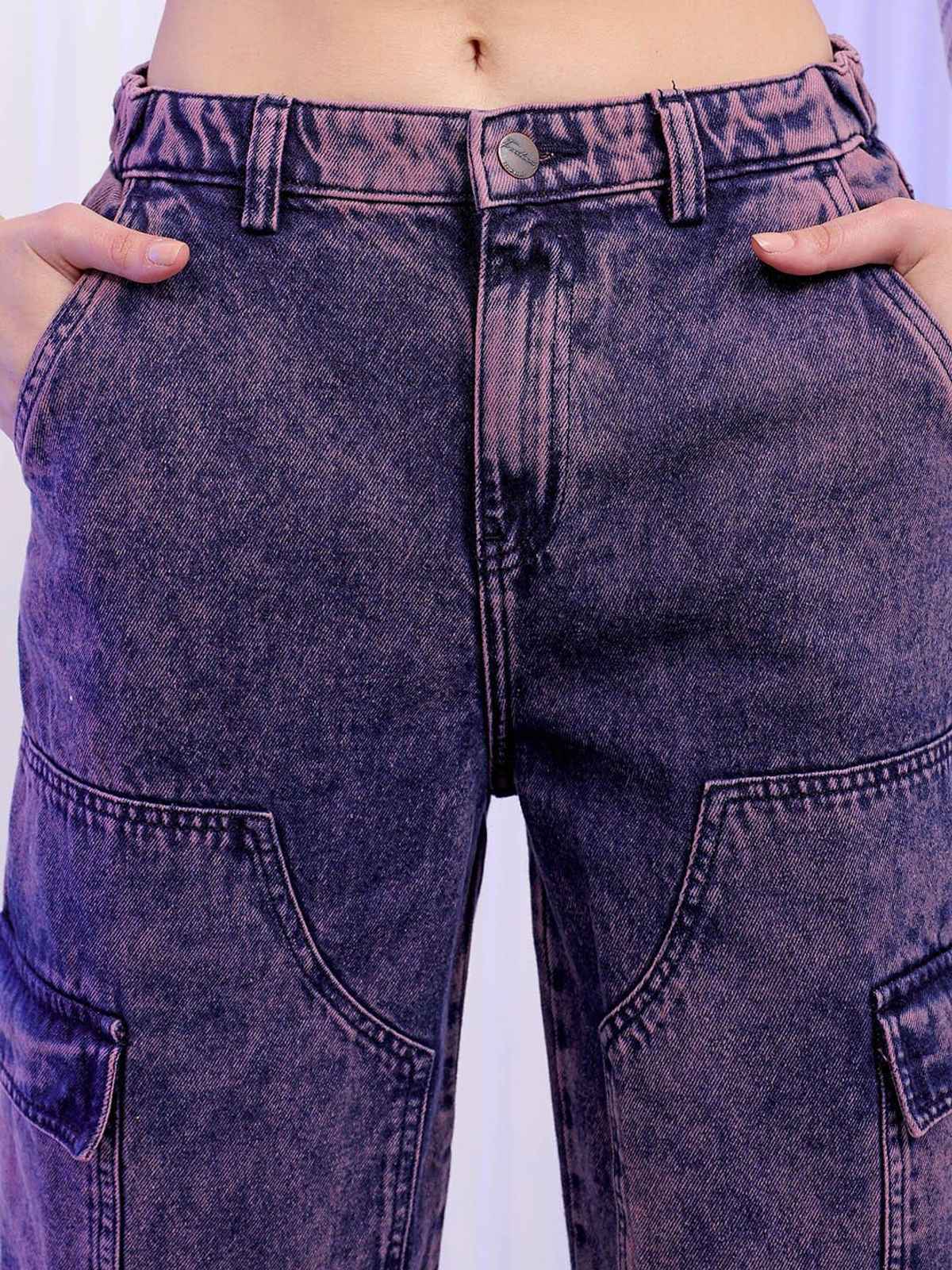 Freehand Women's Street Denim Patch Pocket Multi Pocket Utility Carpenter Denim Jeans | Purple - 28