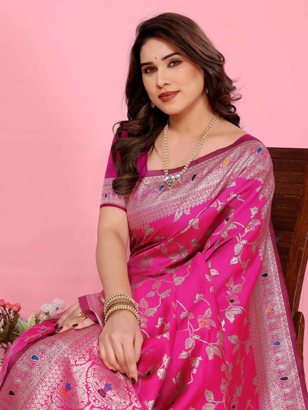 Hema Silk Mills Women Woven Banarasi Meena Jacquard, Silk Blend Saree | Pink