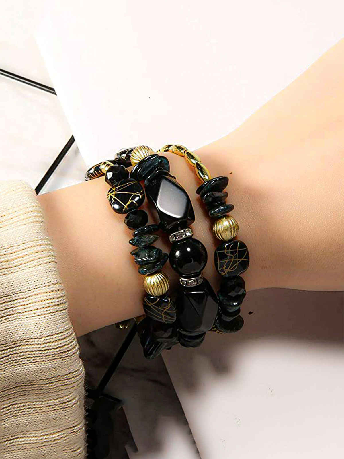 Yellow Chimes Bohemian Black Beads Bracelet for Women | Layered Stretch Beaded Bracelet