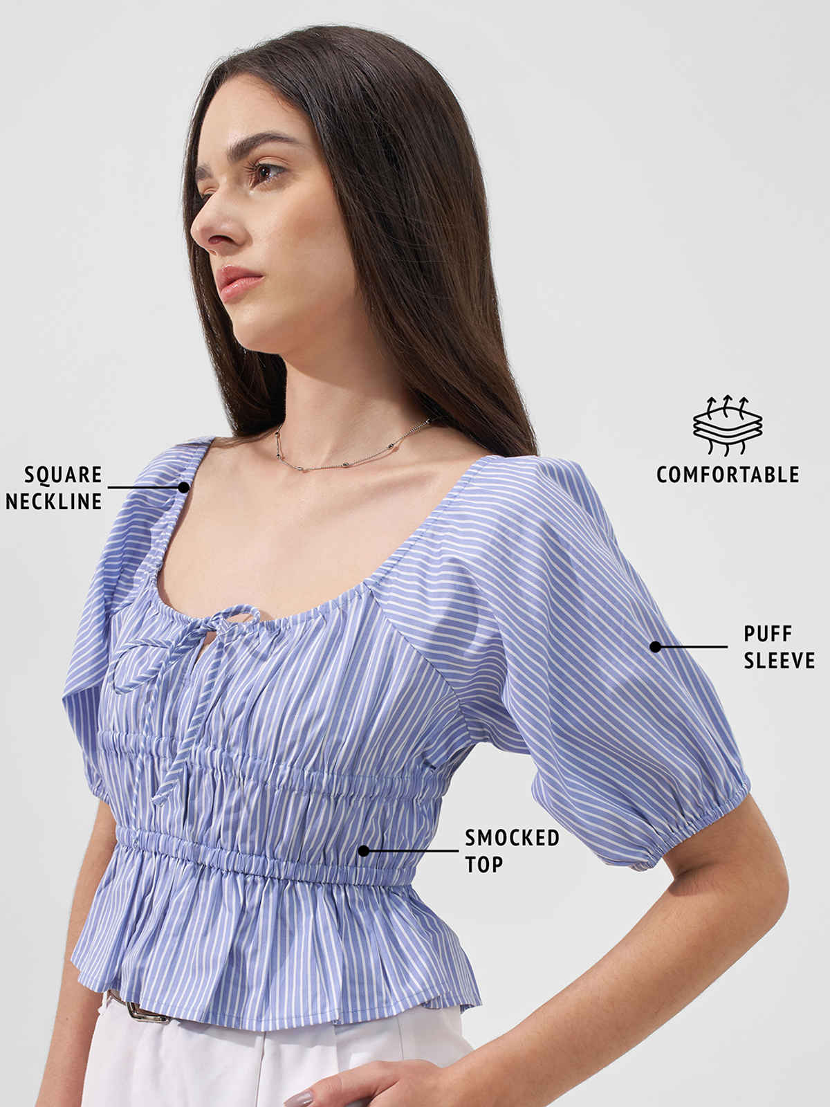 Tokyo Talkies Women Stripe Square Neckline Smocked Top | BLUE | XL