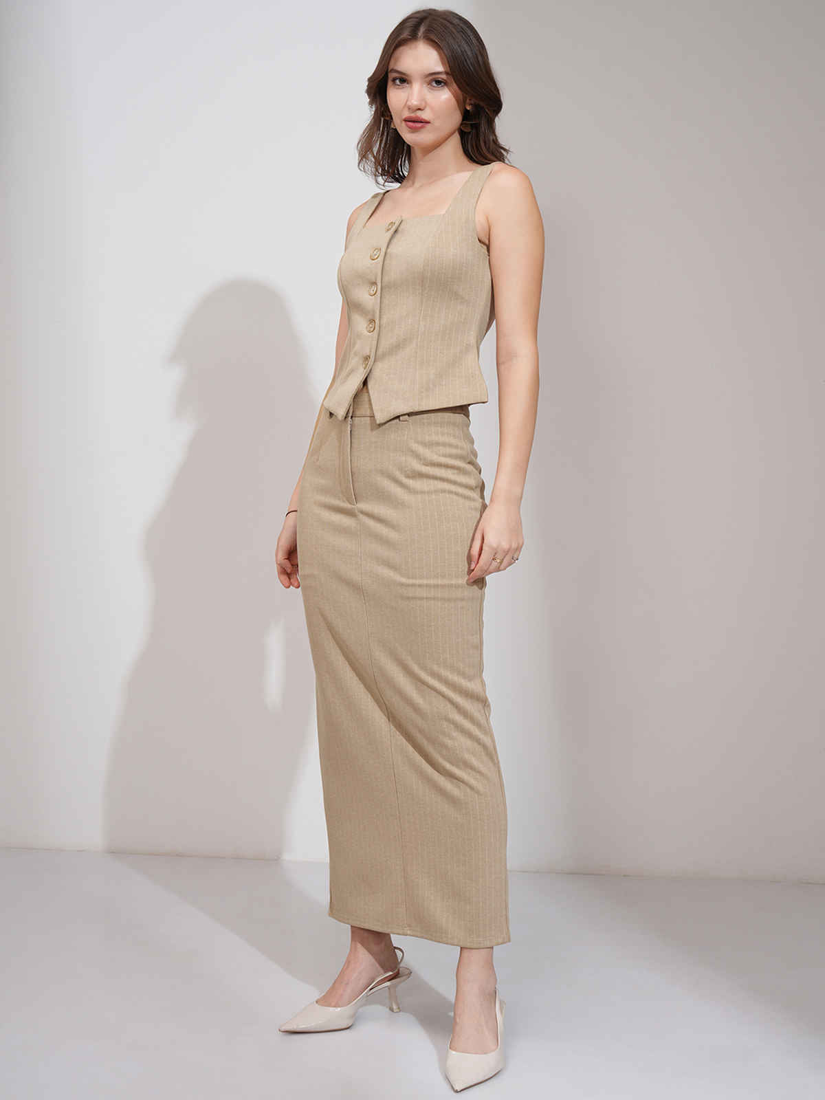 Tokyo Talkies Women's Pinstriped Vest & Midi Column Skirt Set | Beige - L
