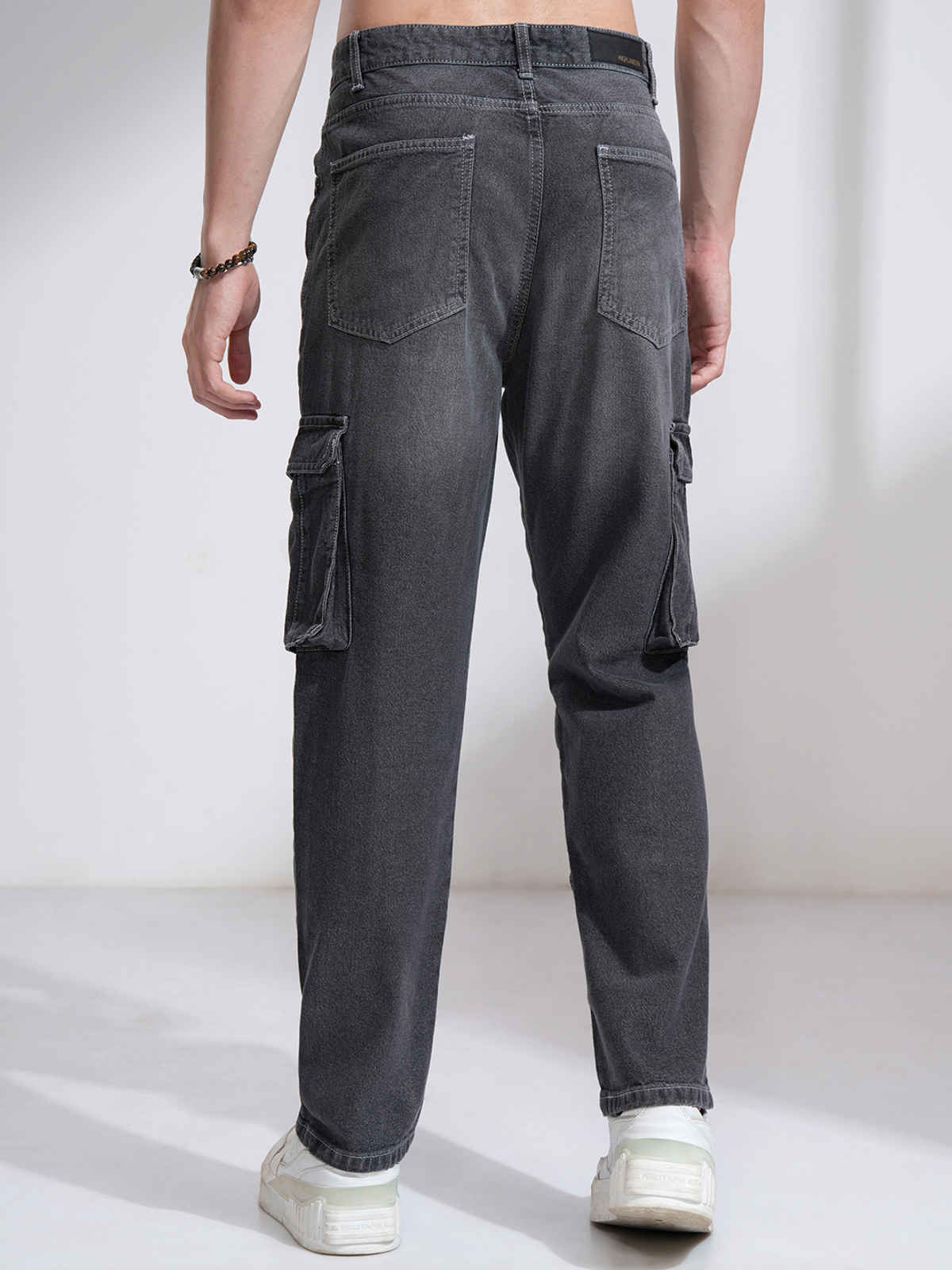 Highlander Men's Charcoal High Rise Straight Fit Cargo Jeans | Grey - 30
