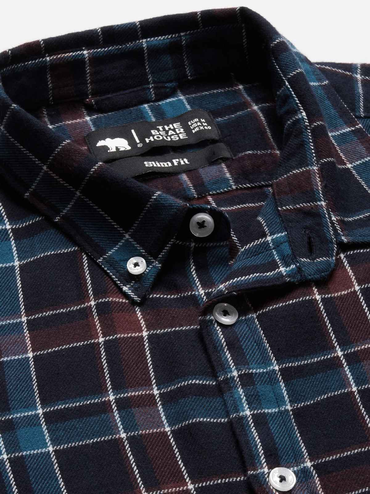 The Bear House Men Slim Fit Checked Button-Down Casual Shirt - Peru | Blue | L