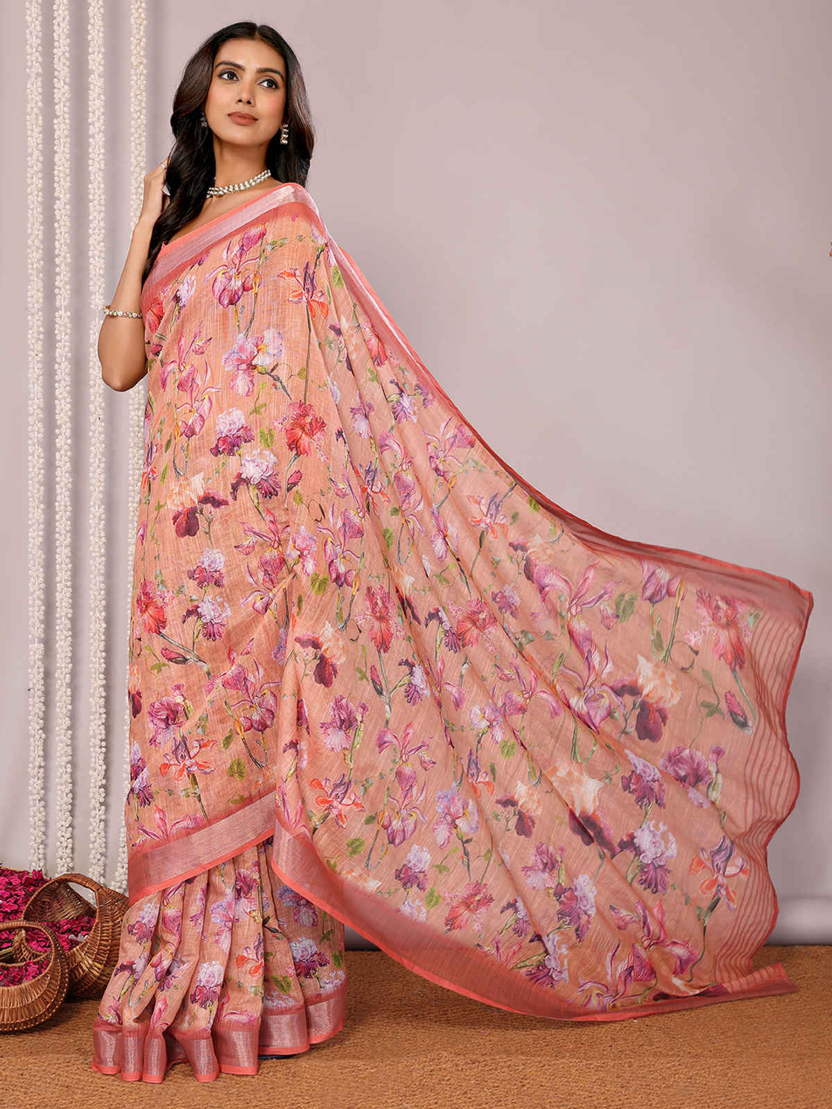 Janasya Women's Cotton Linen Floral Printed Saree with Blouse Piece | SAR452 | Peach