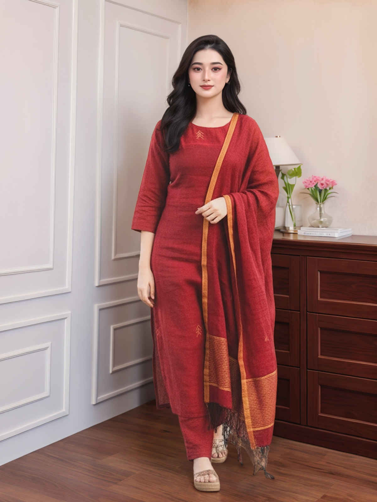 GoSriKi Women's Rayon Blend Printed Straight Kurta Set With Dupatta | Maroon - S
