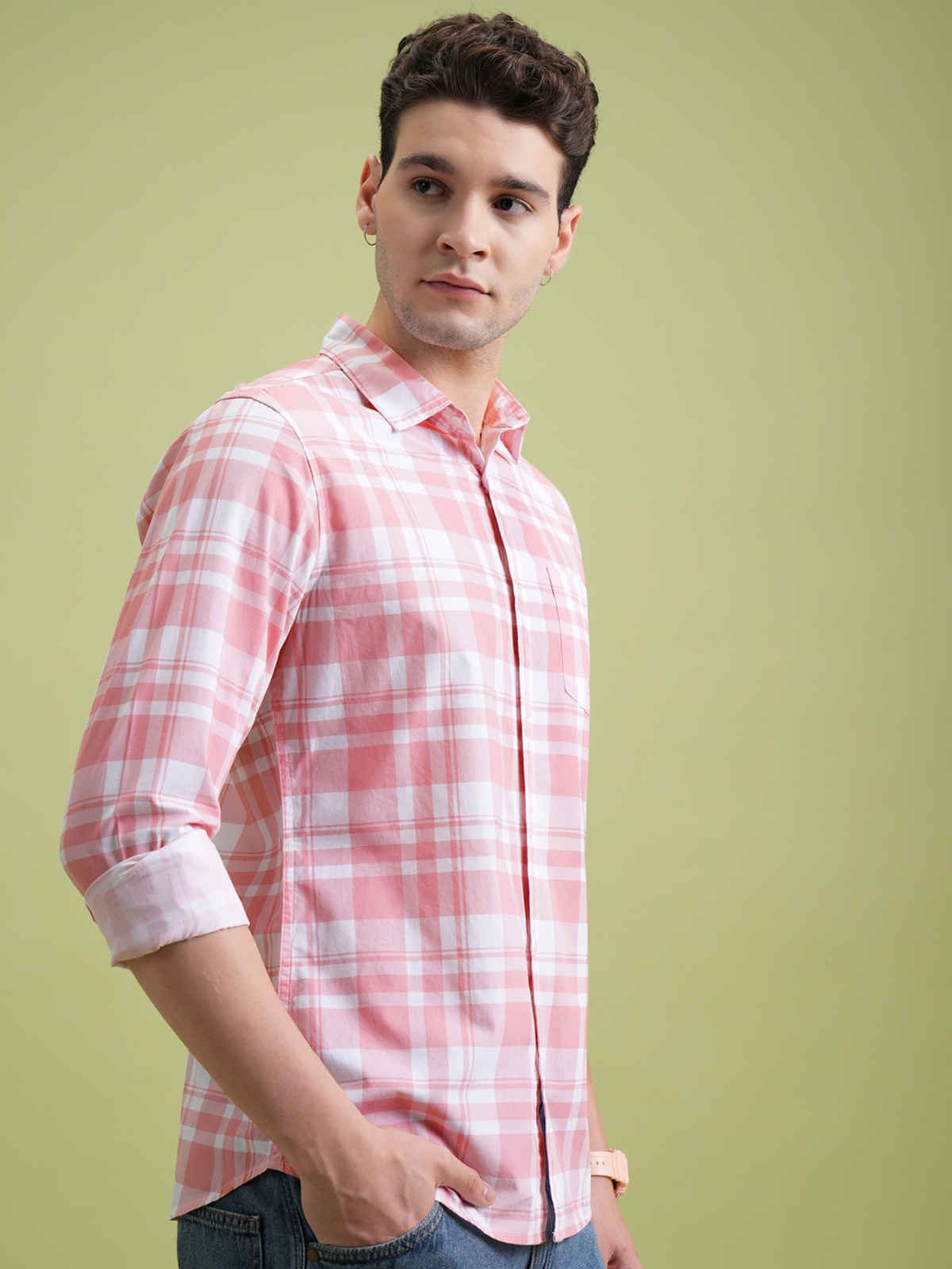 Highlander Men Lt Pink & White Checked Slim Fit Shirt |Light Pink/White - L