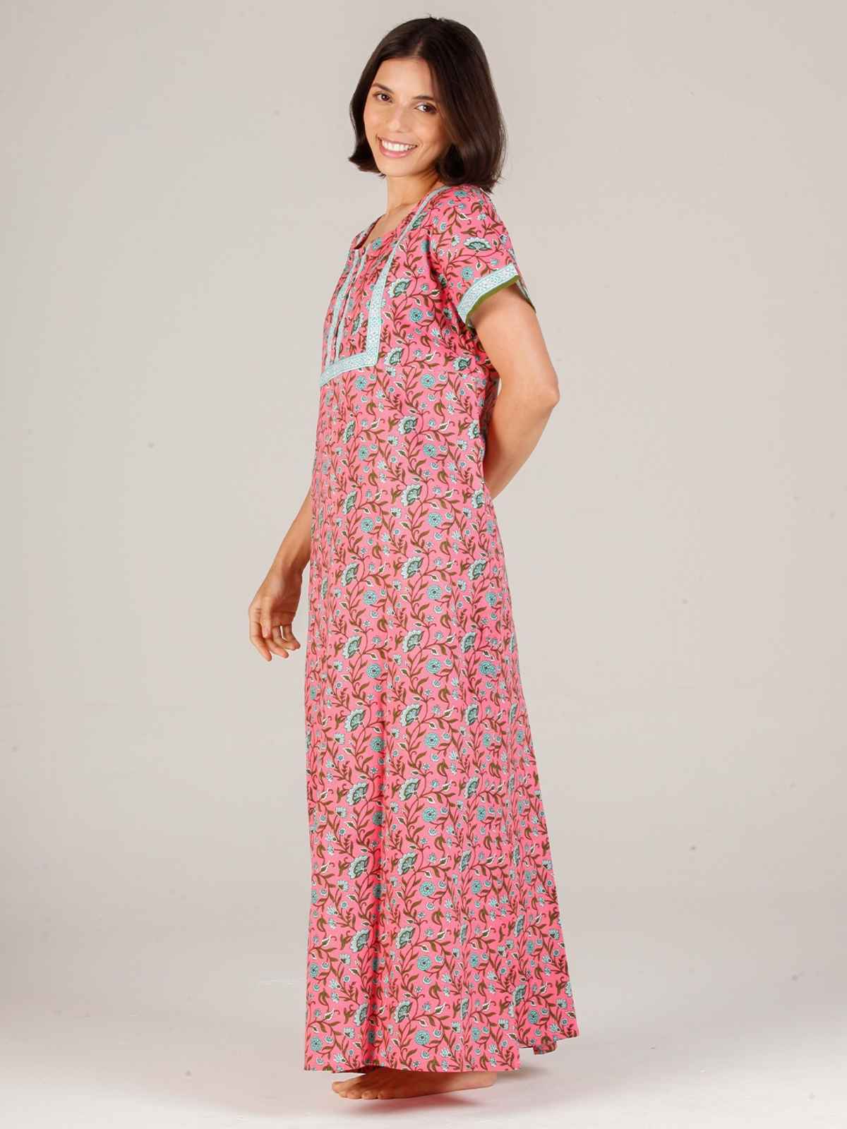 Evolove Women's Soft Cotton & Warm Printed Nighty | Pink | L