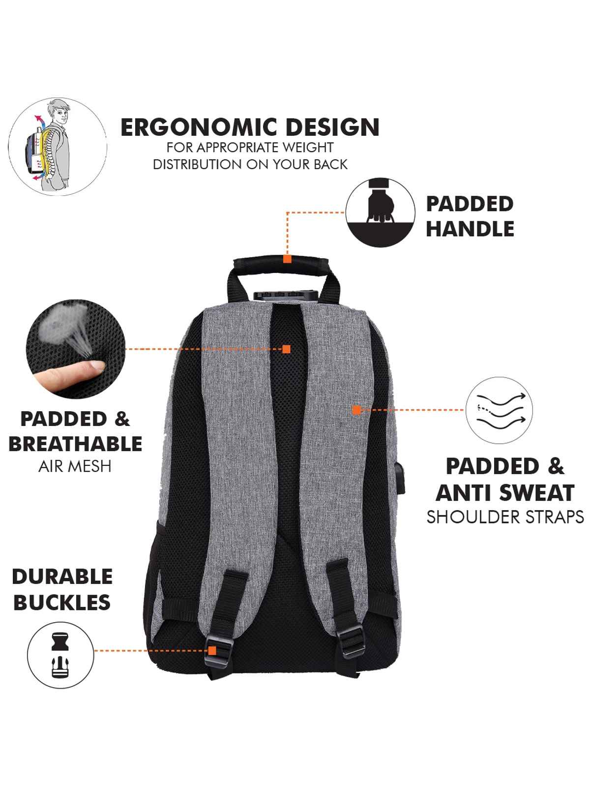 Fur Jaden 24 L Grey Anti-Theft Backpack with USB Port and Number Lock | Padded Laptop Compartment