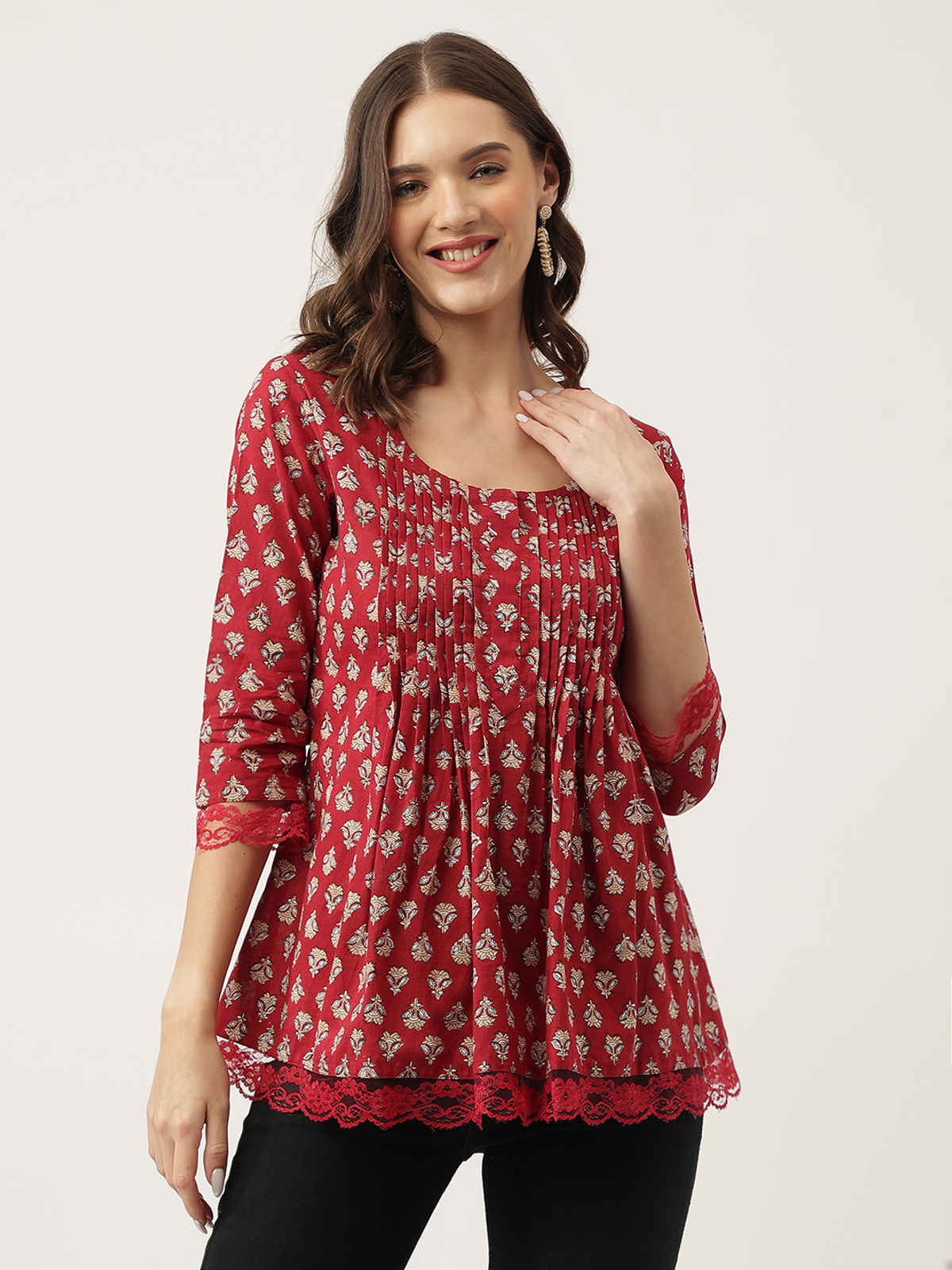 Divena Women s Red Floral Printed Cotton Peplum Tunic DK0966 | L