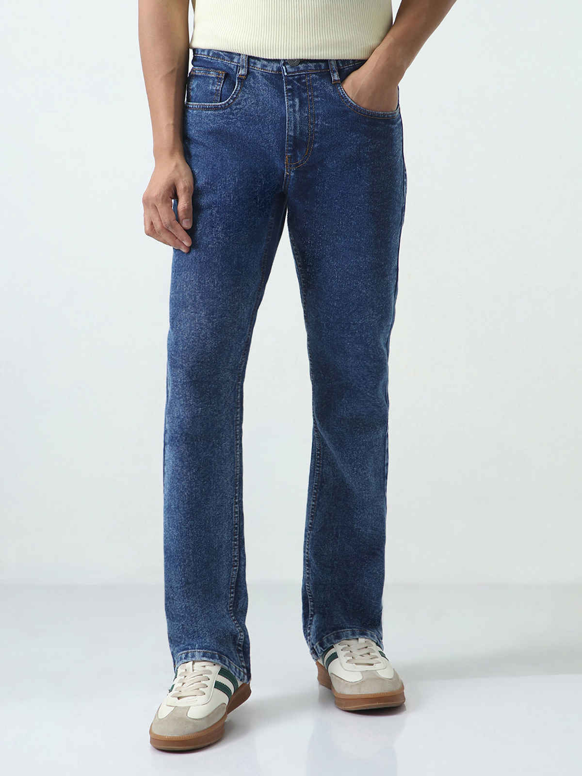 Urbano Fashion Men's Dark Blue Washed Bootcut Jeans Stretchable-32