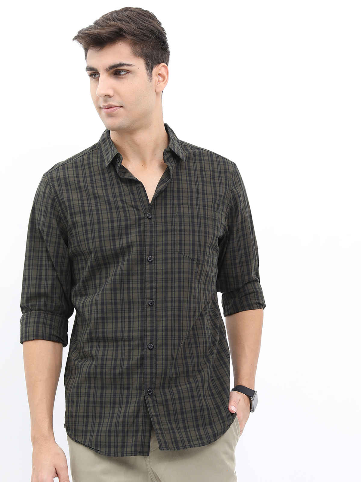 Highlander Men's Slim Fit Checked Casual Shirt - Olive and Black | S