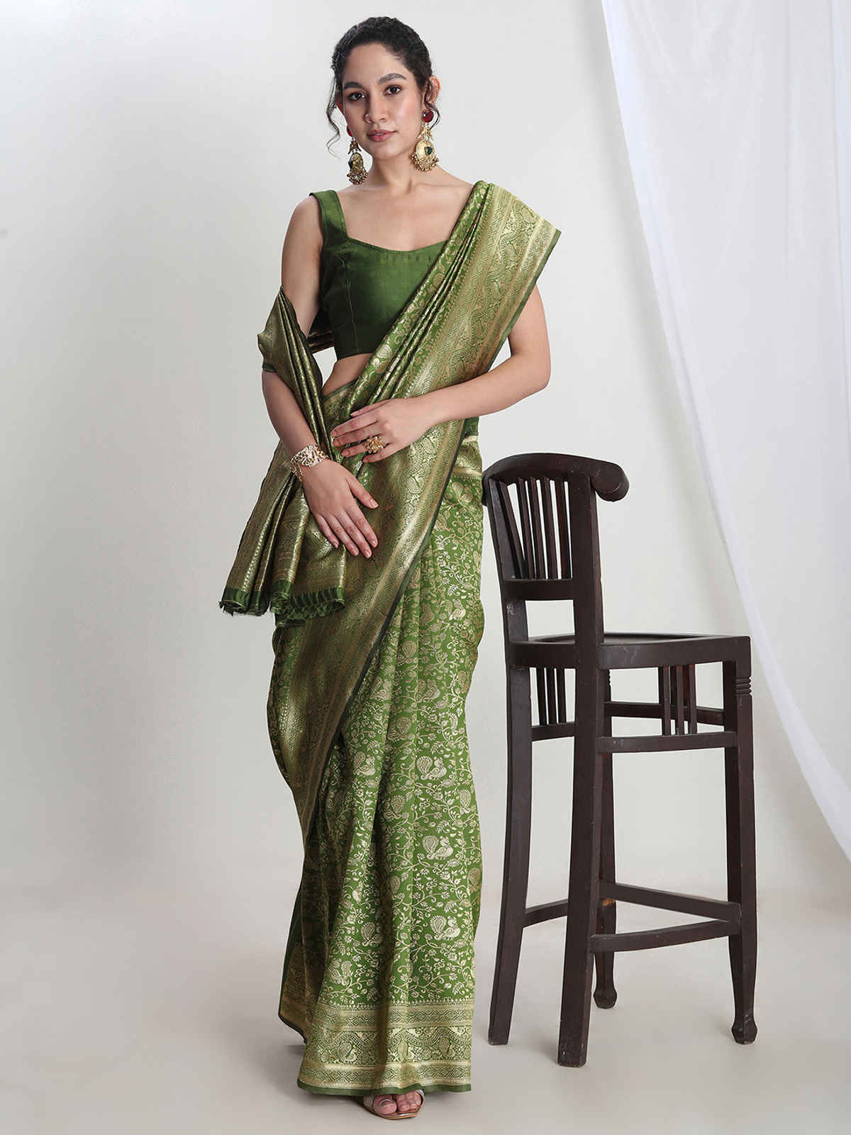 Janasya Women's Silk Blend Floral Woven Design Jacquard Saree with Blouse Piece | SAR656 | Green