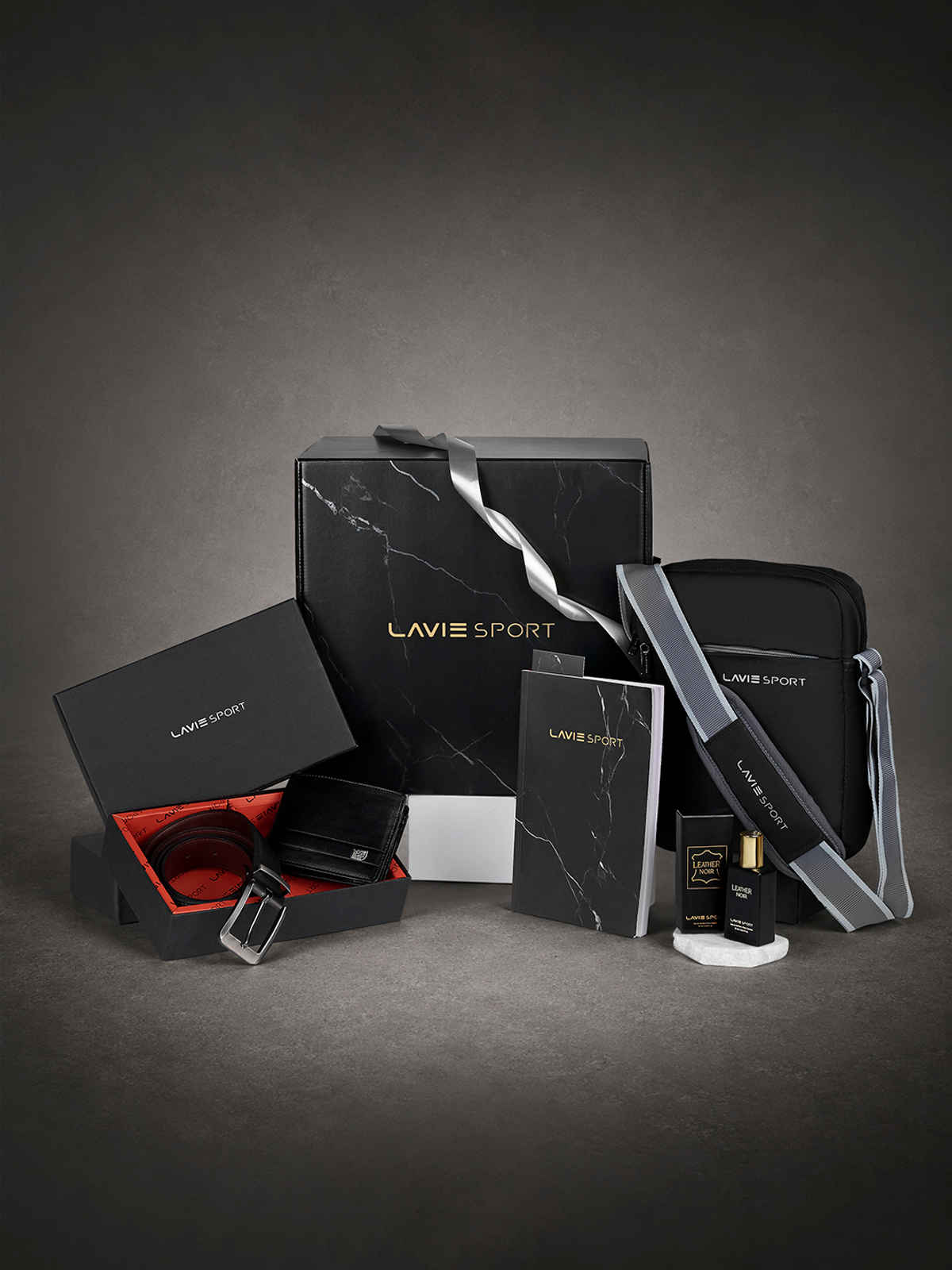 Lavie Sport Men's Midnight Noir Sling Bag | Belt | Wallet | Perfume with Diary Gift Set | Black