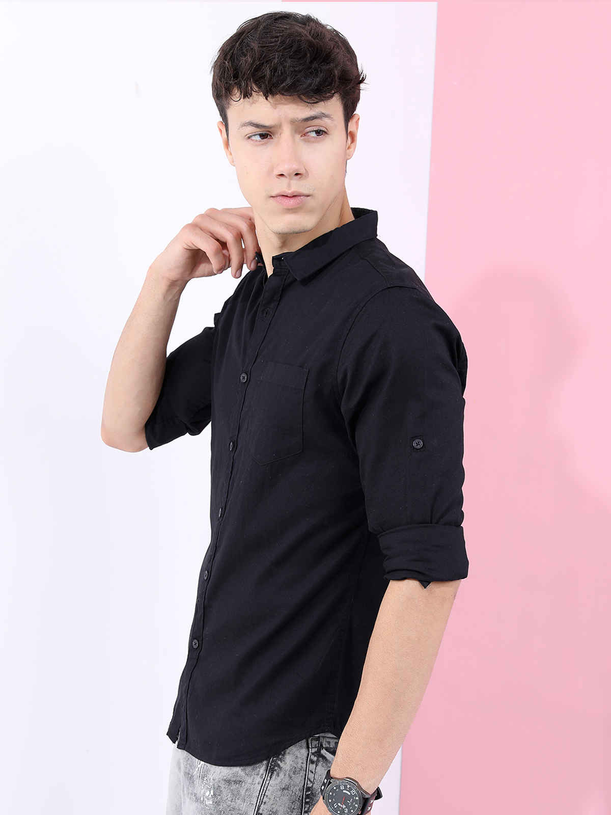 Highlander Men Black Long Roll-Up Sleeves Slim Fit Casual Shirt |Black - S