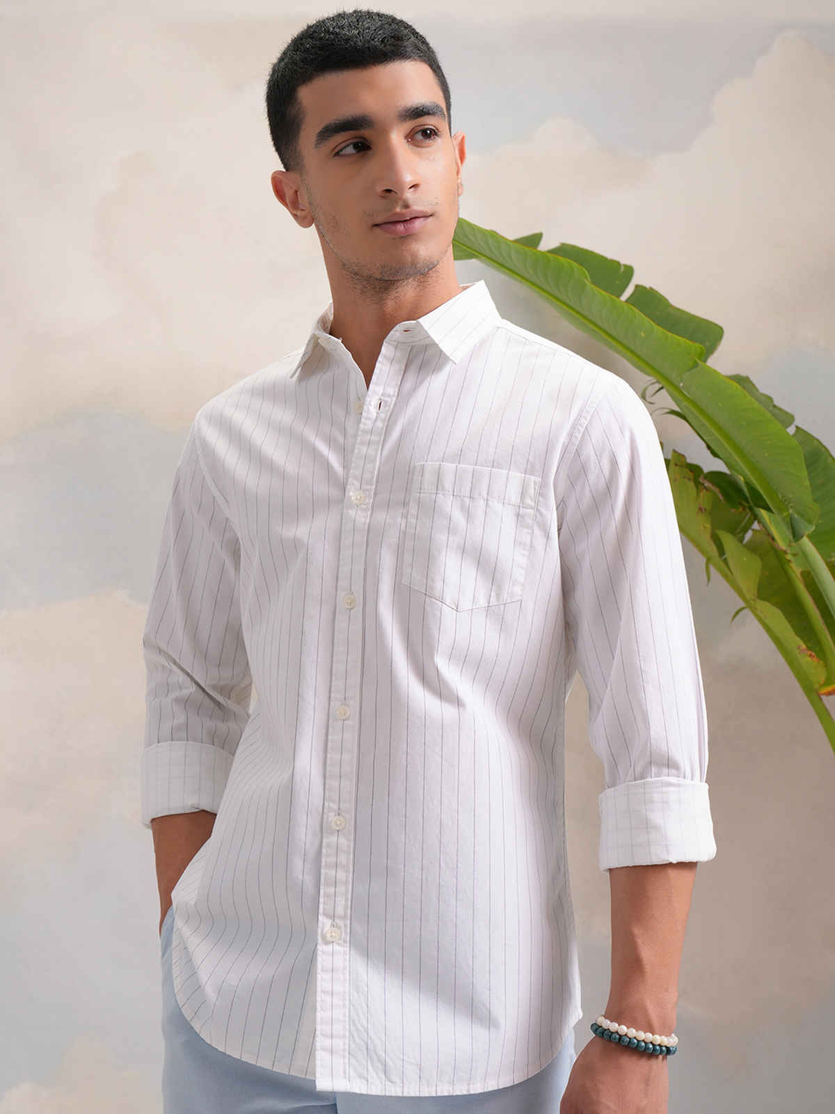 HIGHLANDER Classic Slim Fit Vertical Striped Spread Collar Cotton Casual Shirt | White & Black | L