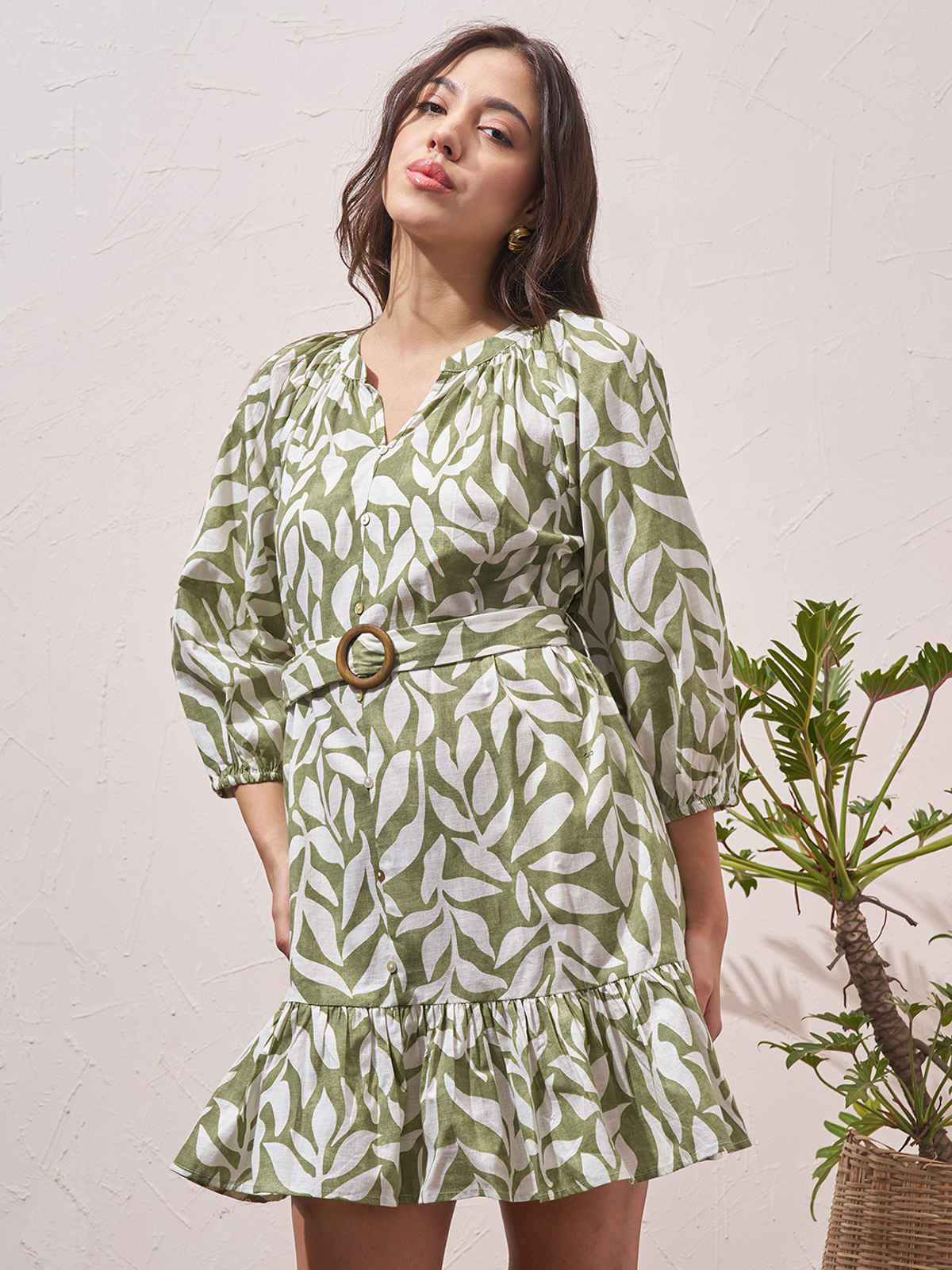 Vara By Vishudh Women's Cotton Slub Printed Reglan Sleeve Short Dress | Green - M
