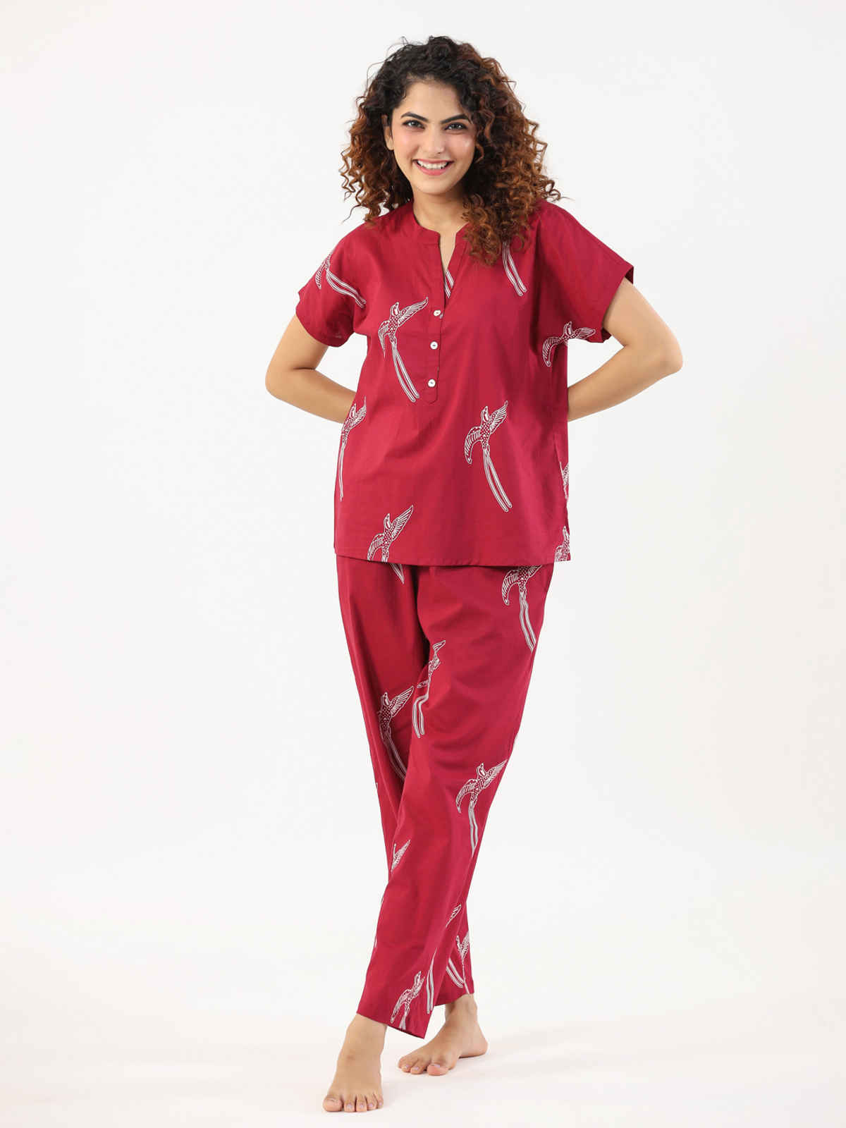 Sanskrutihomes Conversational Printed Mandarin Collar Pure Cotton Night Suit | Magenta - S