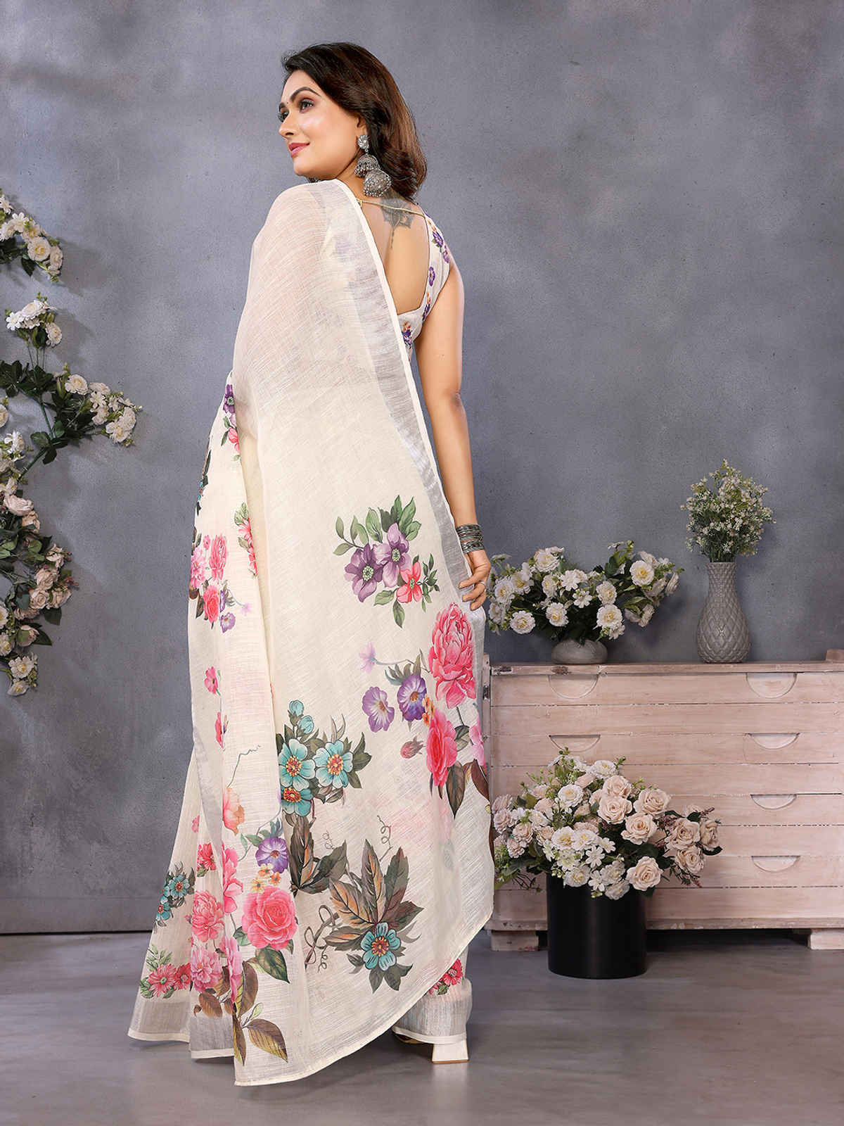 Hema Silk Mills Woman Digital Print Bollywood Linen Saree Ready to Wear saree with pocket | Beige