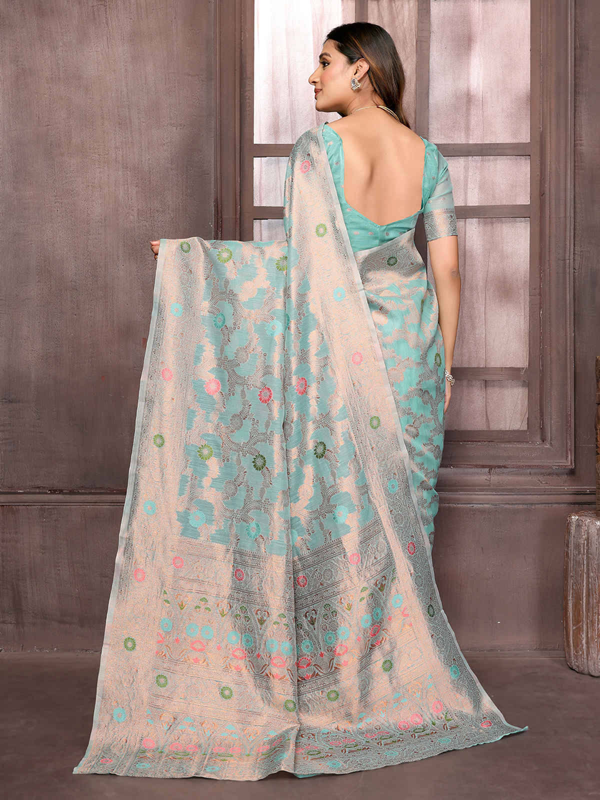 Janasya Women's Cotton Linen Floral Woven Design Saree with Blouse Piece | SAR403 | Light Blue